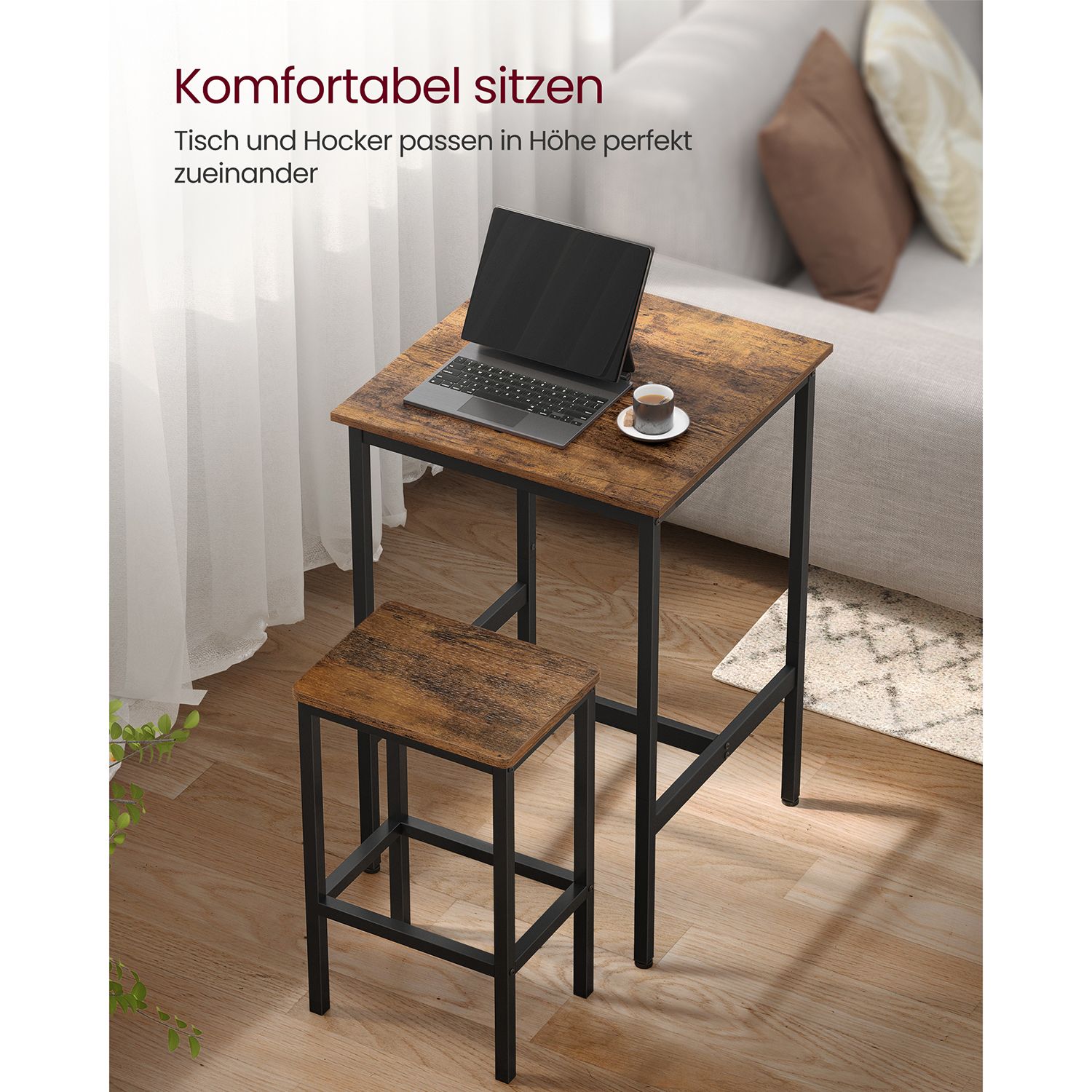 Bāra galda un 2 krēslu komplekts, 60 x 60 x 90 cm, industriāls stils, brūns-melns - Image 4