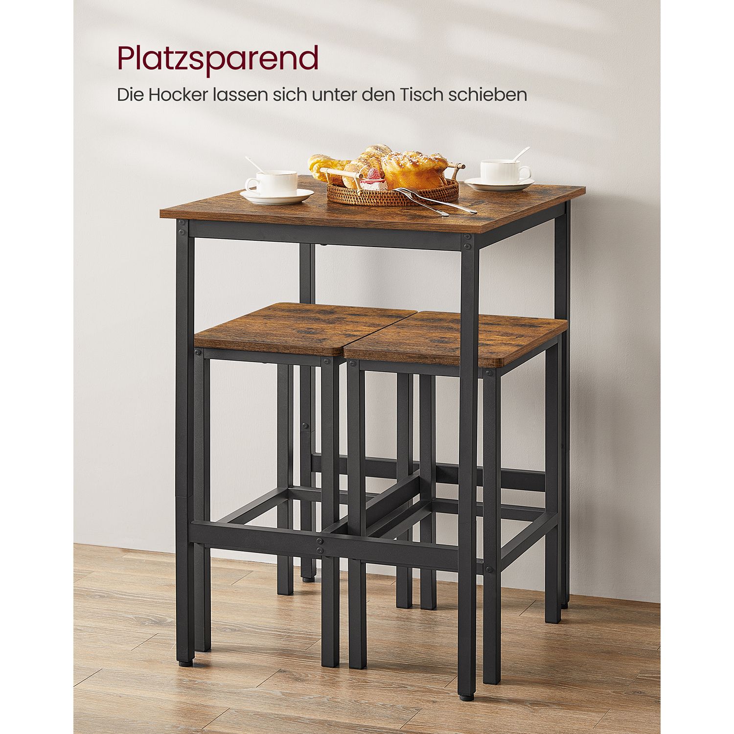 Bāra galda un 2 krēslu komplekts, 60 x 60 x 90 cm, industriāls stils, brūns-melns - Image 5