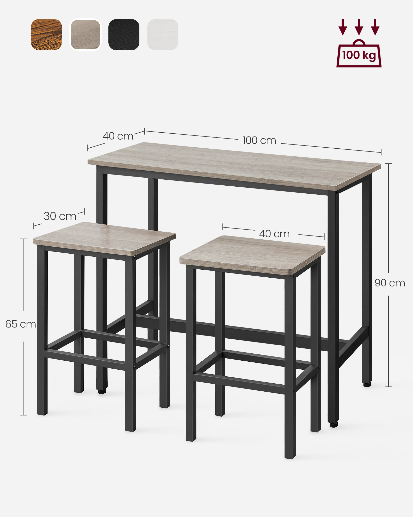 Bāra galds ar 2 bāra krēsliem, 100 x 40 x 90 cm, skaidu plātne un tērauds - Image 7