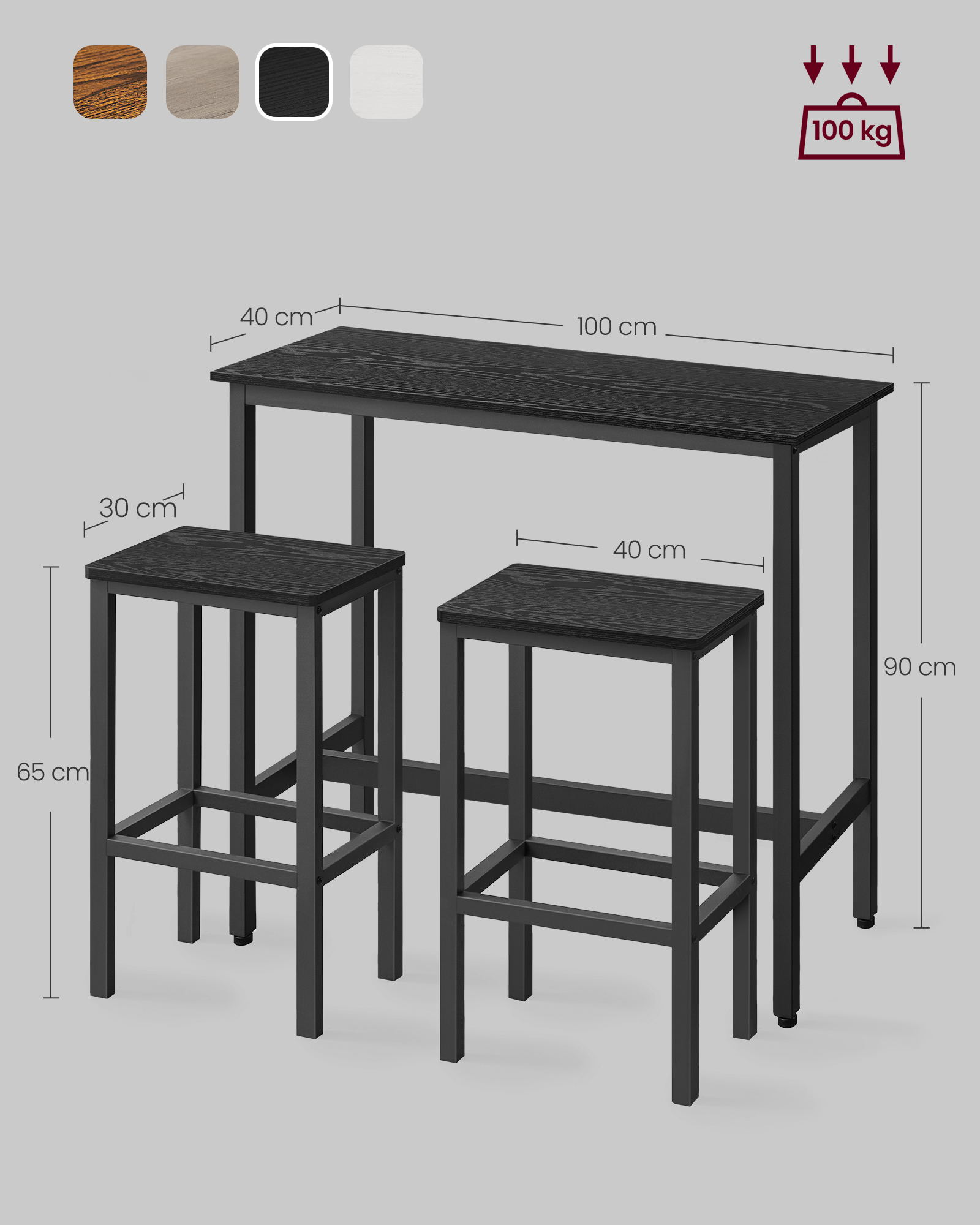 Baro stalo ir 2 baro kėdžių komplektas, 100 x 40 x 90 cm, vintažinės rudos ir juodos spalvos - Image 7