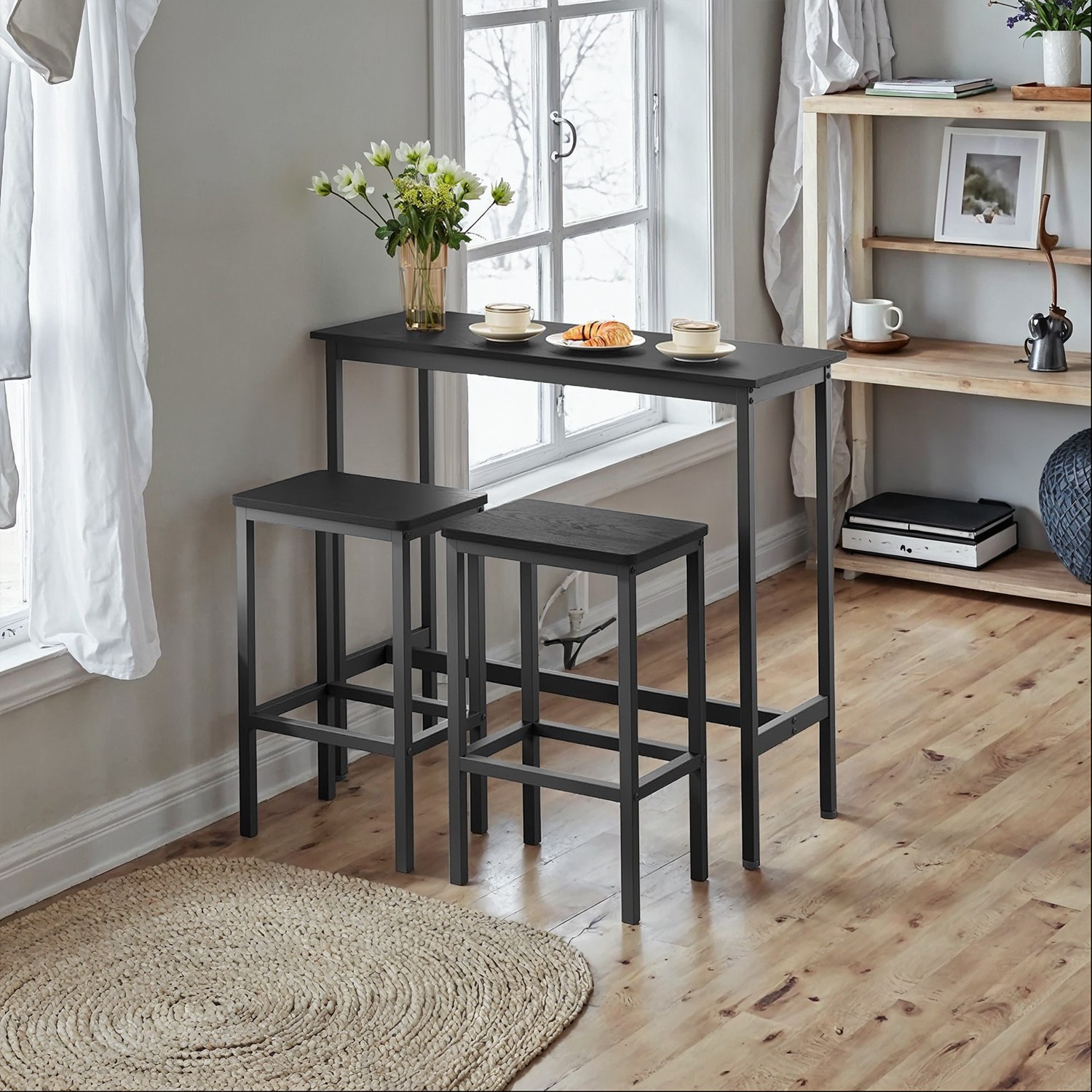 Baarilaua komplekt 2 baaripukiga, 100 x 40 x 90 cm, must, terasraam