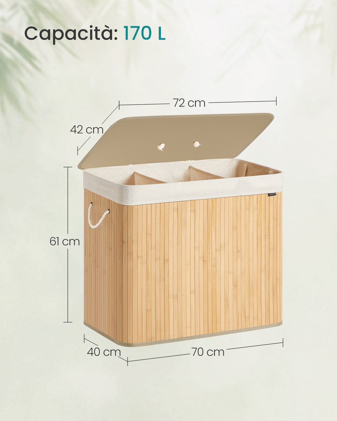Veļas grozs ar 3 nodalījumiem, bambusa, dabīgā krāsā, 70 x 40 x 61 cm - Image 5