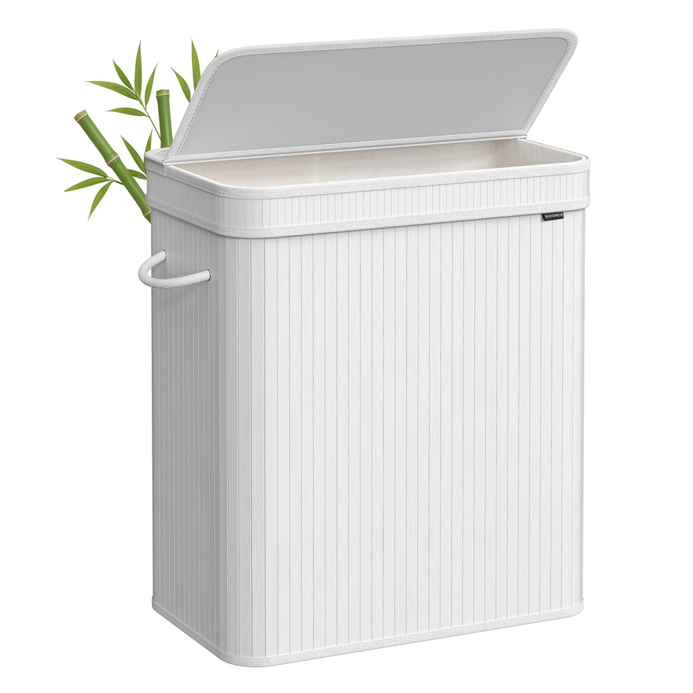 Veļas grozs ar 2 nodalījumiem, 100 l, ar vāku, bambusa, balts, 54,5 x 34,5 x 61 cm