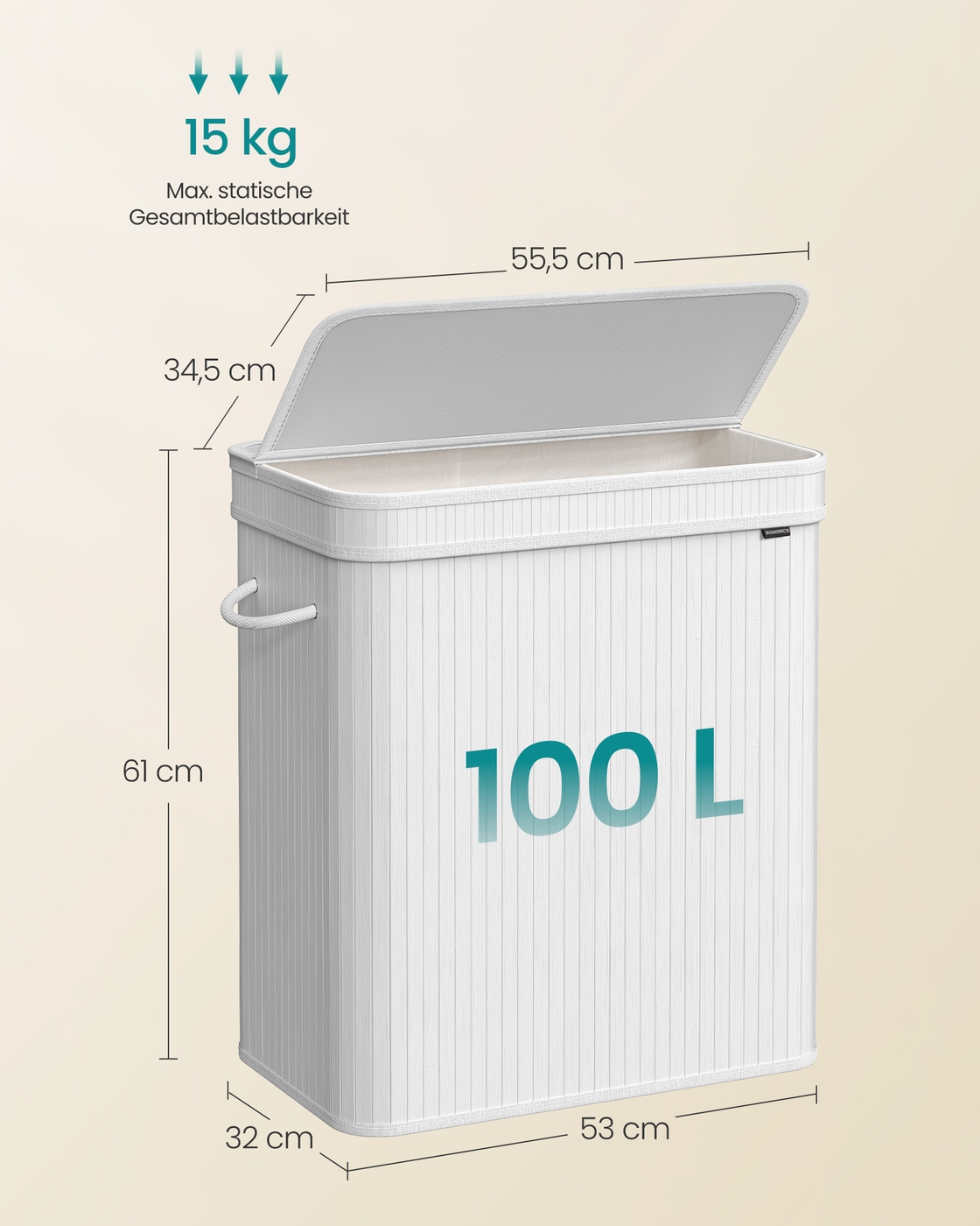 Veļas grozs ar 2 nodalījumiem, 100 l, ar vāku, bambusa, balts, 54,5 x 34,5 x 61 cm - Image 5