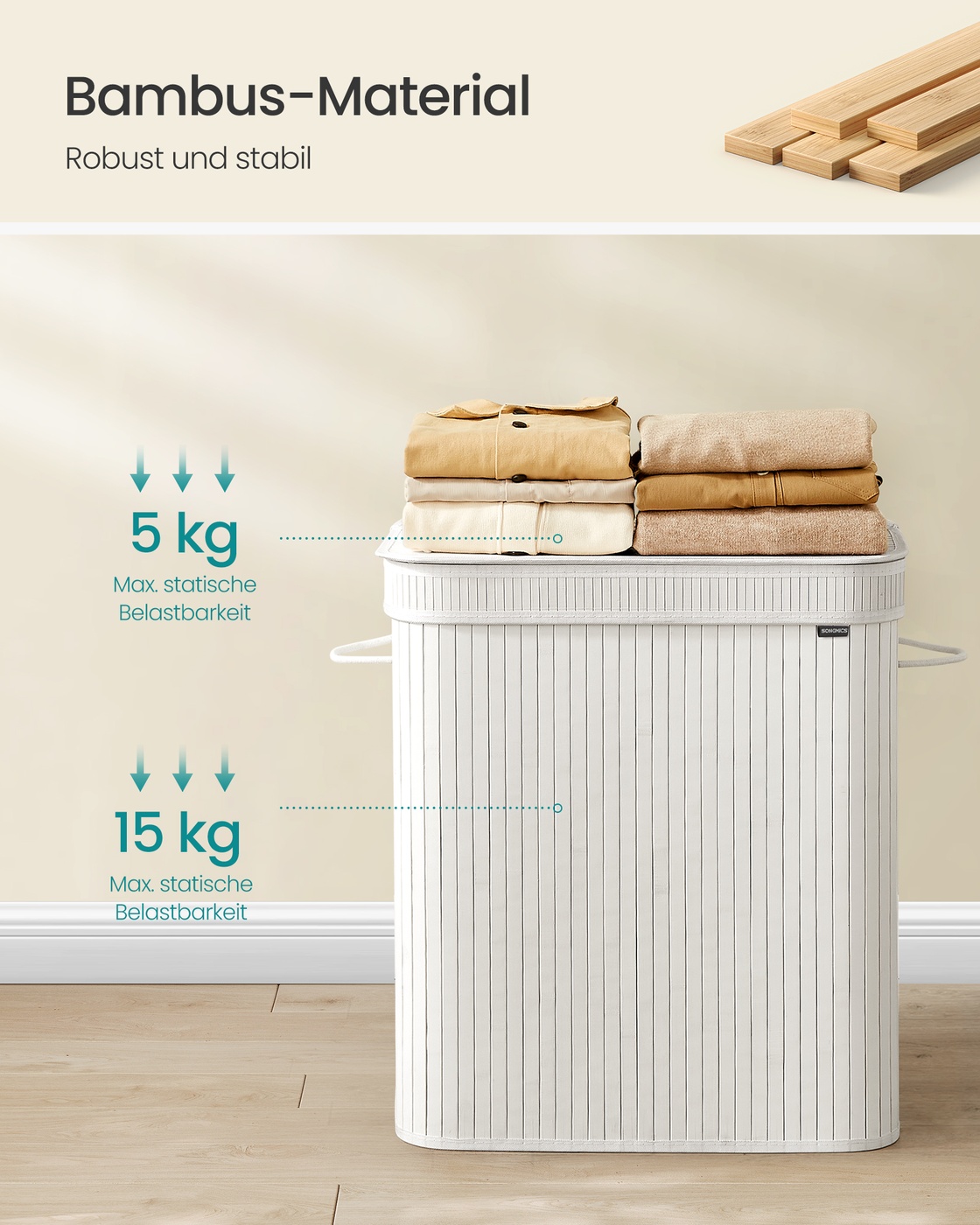 Veļas grozs ar 2 nodalījumiem, 100 l, ar vāku, bambusa, balts, 54,5 x 34,5 x 61 cm - Image 7