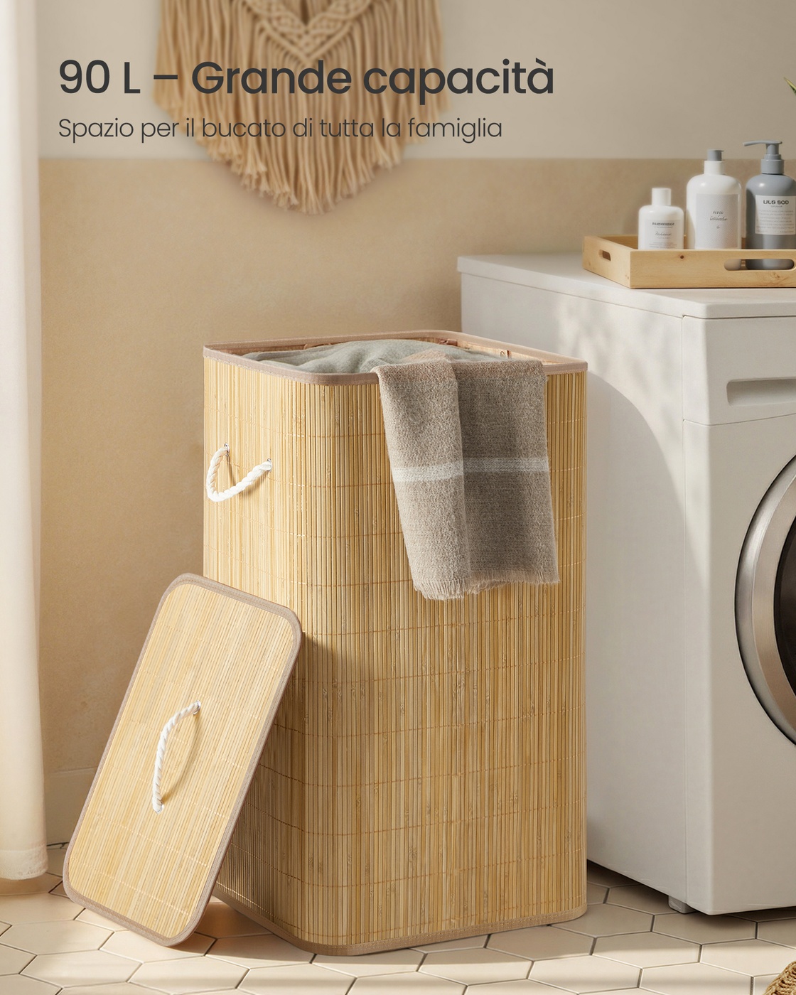Veļas grozs no bambusa ar vāku, 60 l, 40 x 32 x 70 cm, dabīgā krāsā - Image 3