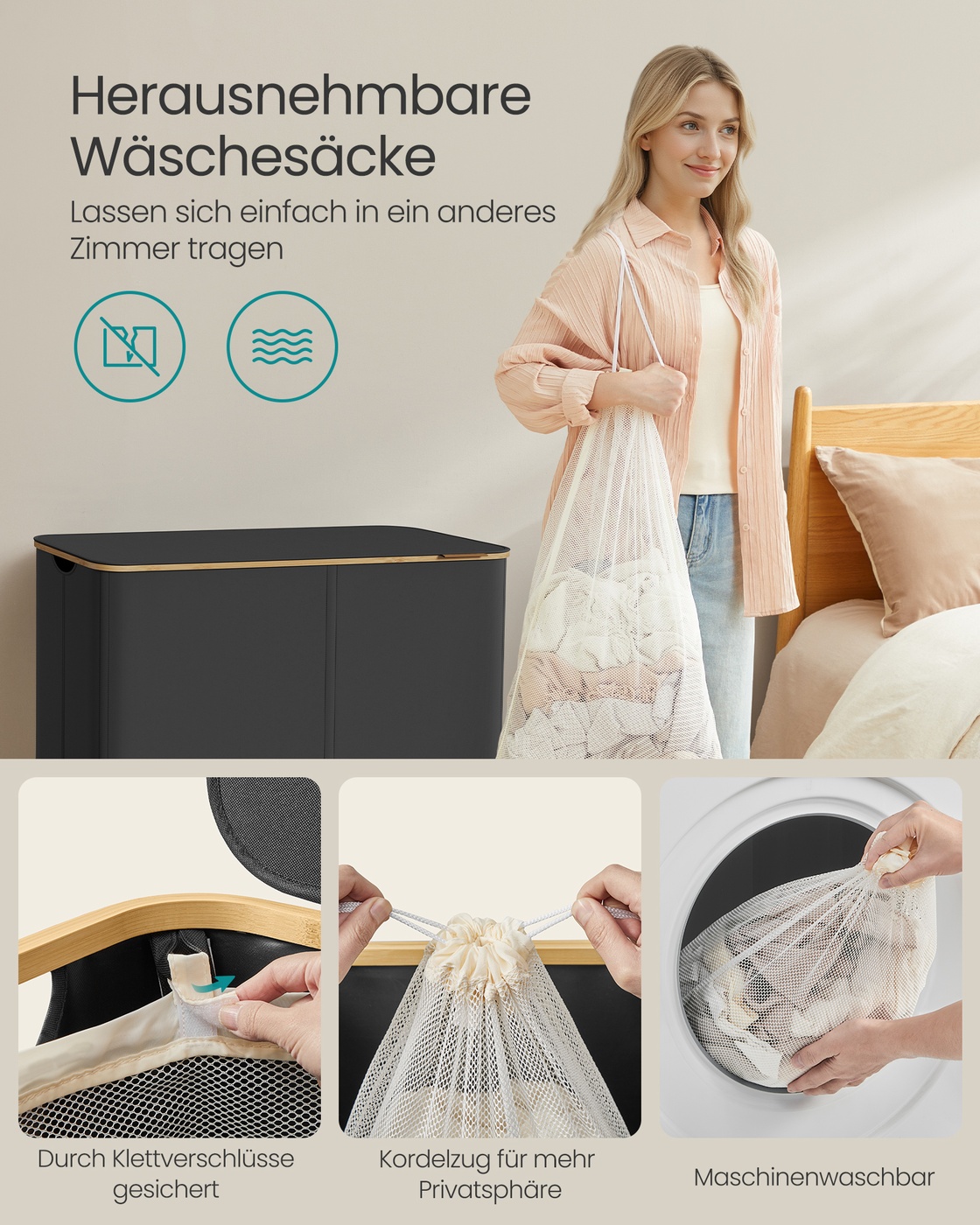 Veļas grozs ar vāku, salokāms, melns, 78 x 38,5 x 70,5 cm - Image 5