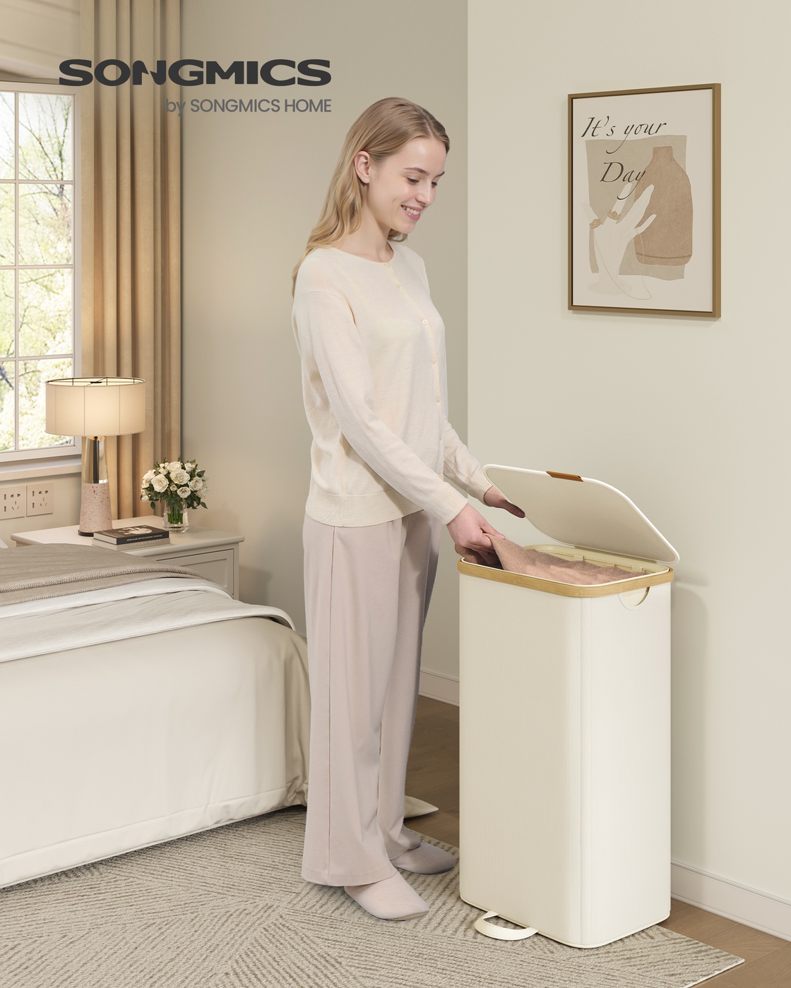 Veļas grozs ar vāku un izņemamu veļas maisu, 100 l, krēmbalts - Image 2