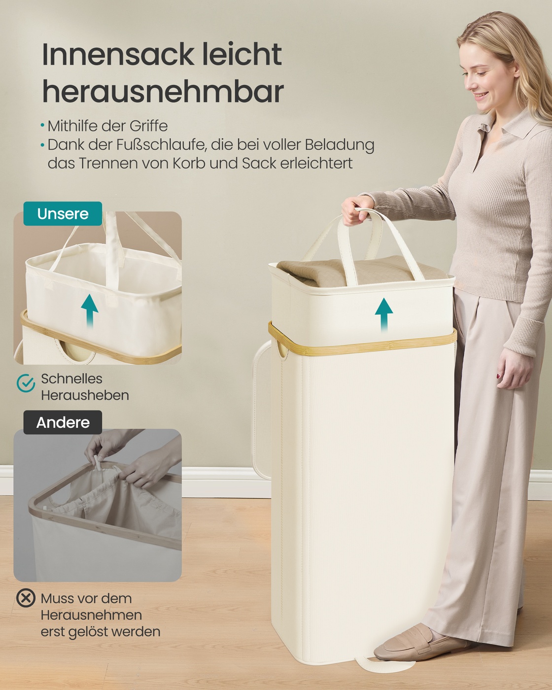 Veļas grozs ar vāku un izņemamu veļas maisu, 100 l, krēmbalts - Image 3