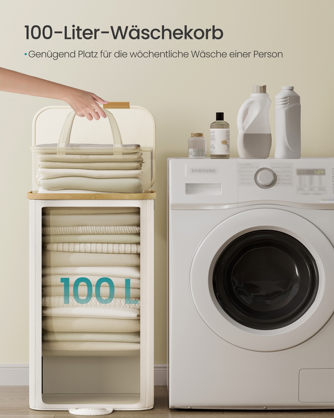 Veļas grozs ar vāku un izņemamu veļas maisu, 100 l, krēmbalts - Image 5