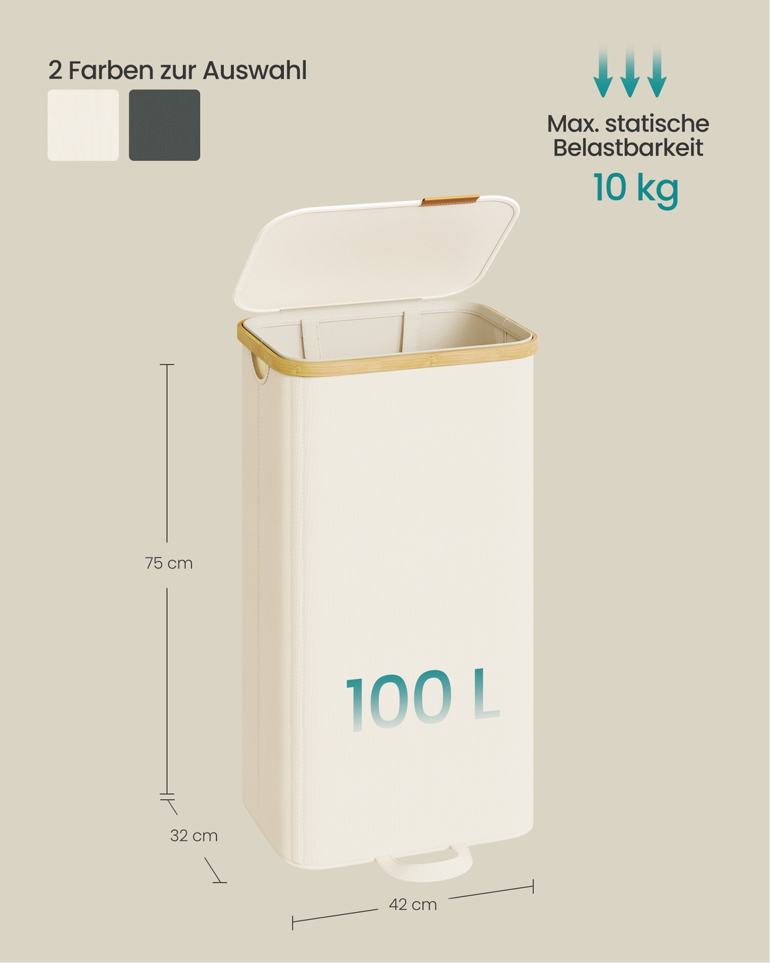 Veļas grozs ar vāku un izņemamu veļas maisu, 100 l, krēmbalts - Image 6