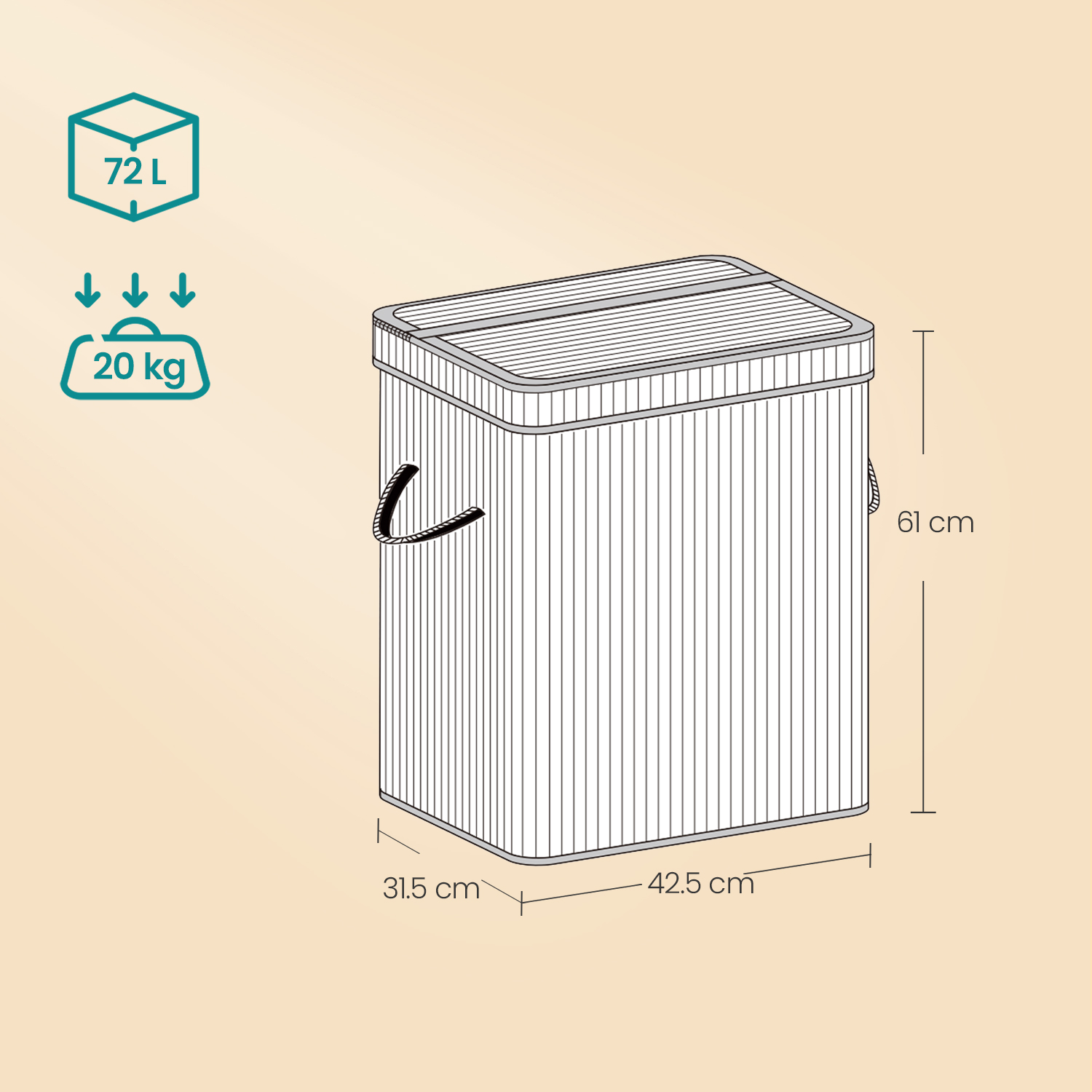 Pyykkikori kannella, 100 l, valkoinen, bambua, 31,5 x 42,5 x 61 cm - Image 5