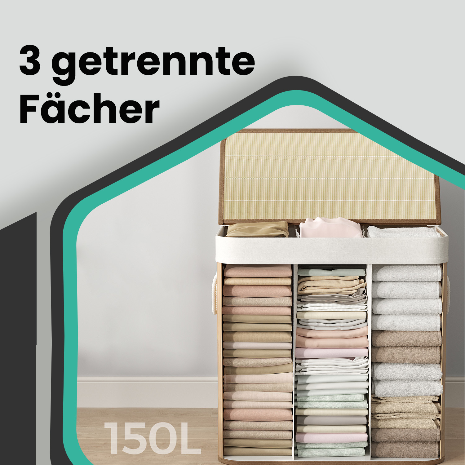 Pyykkikori 150 l, 3 lokeroa, kokoontaitettava, luonnonvärinen, 60 x 40 x 61,5 cm - Image 3