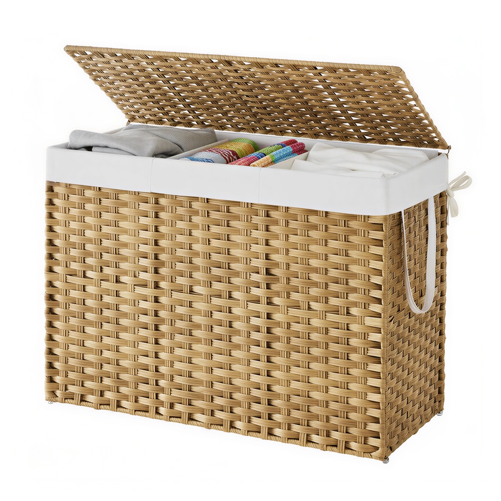 Veļas grozs ar 3 nodalījumiem, 90 l, salokāms, dabīgā krāsā, 86 x 40 x 61 cm - Image 2