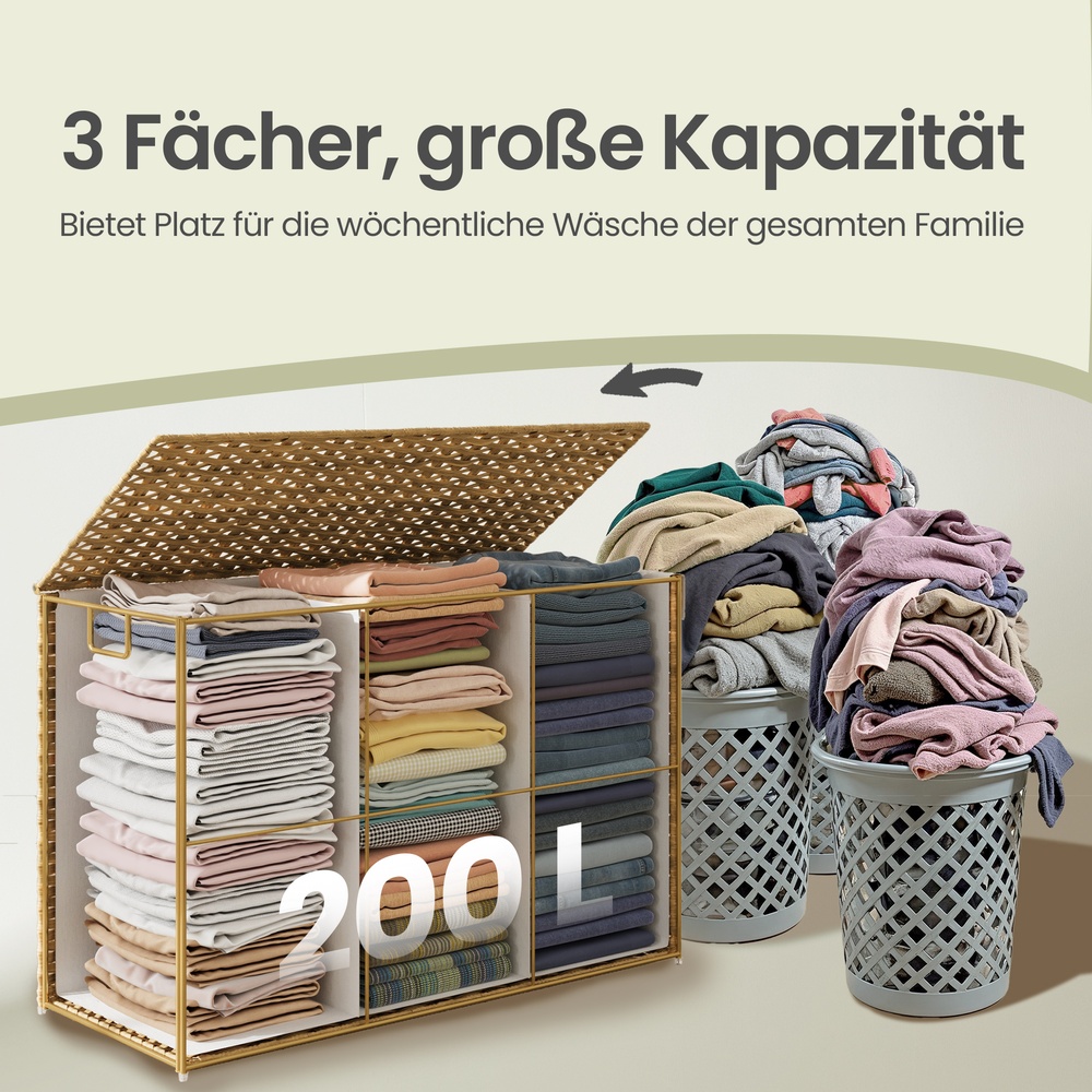 Veļas grozs ar 3 nodalījumiem, 90 l, salokāms, dabīgā krāsā, 86 x 40 x 61 cm - Image 6