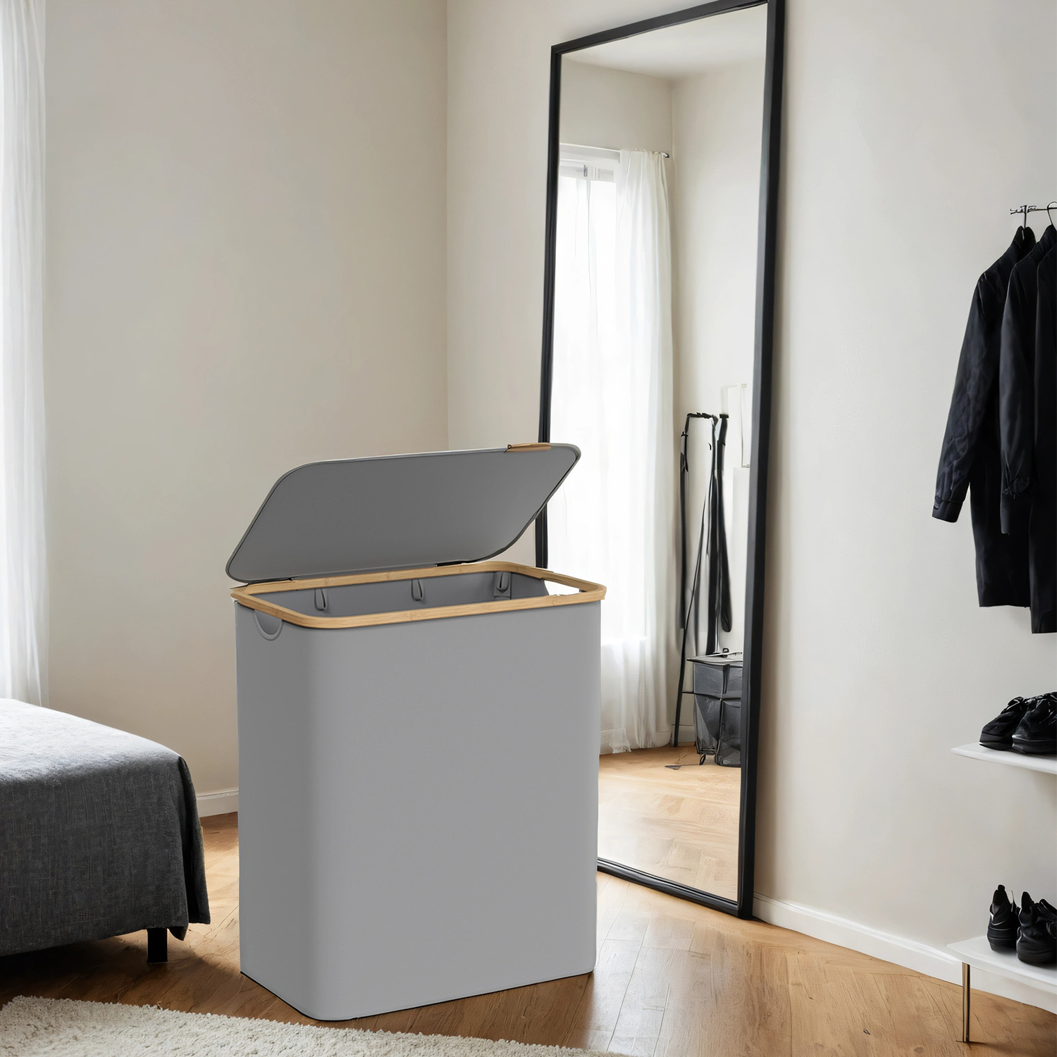 Kolme sektsiooniga pesukorv kaanega, 150 l, 60 x 38,5 x 70,5 cm, tuvihall