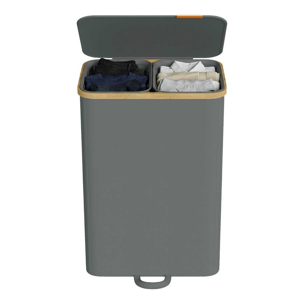 Veļas grozs ar vāku, pelēks, bambusa rāmis, 100 l, 52 x 38,5 x 75 cm - Image 4