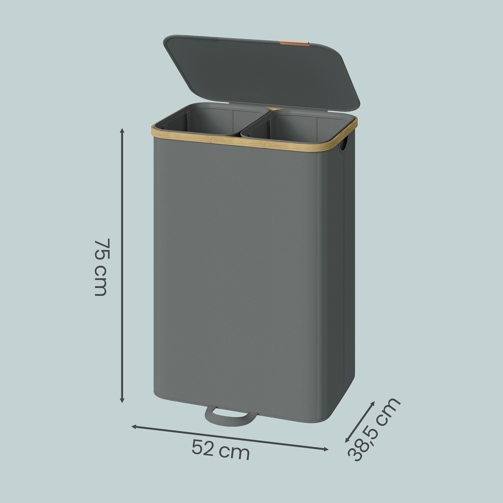 Veļas grozs ar vāku, pelēks, bambusa rāmis, 100 l, 52 x 38,5 x 75 cm - Image 5