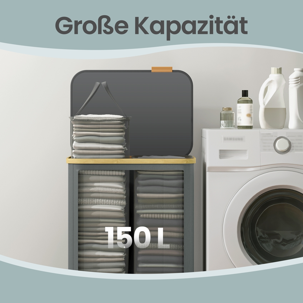 Veļas grozs ar vāku, pelēks, bambusa rāmis, 100 l, 52 x 38,5 x 75 cm - Image 7