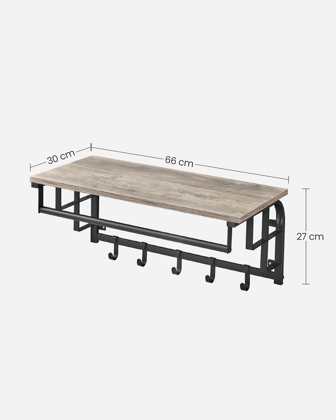 Pie sienas stiprināms drēbju pakaramais ar plauktu, 30 x 66 x 27 cm, 5 noņemami āķi, pelēkbrūns-melns - Image 8