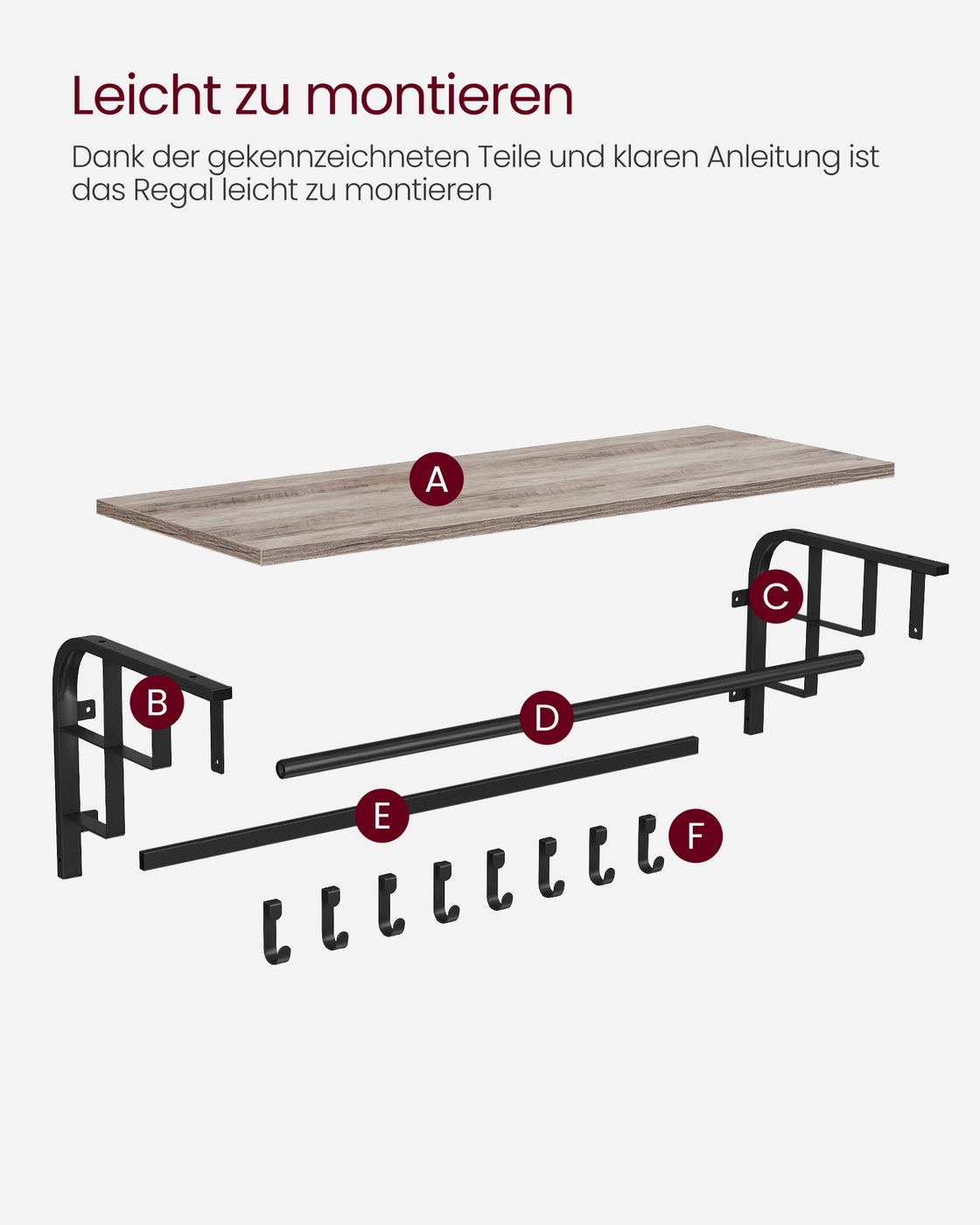 Pie sienas stiprināms drēbju pakaramais ar plauktu, 30 x 66 x 27 cm, 5 noņemami āķi, pelēkbrūns-melns - Image 9
