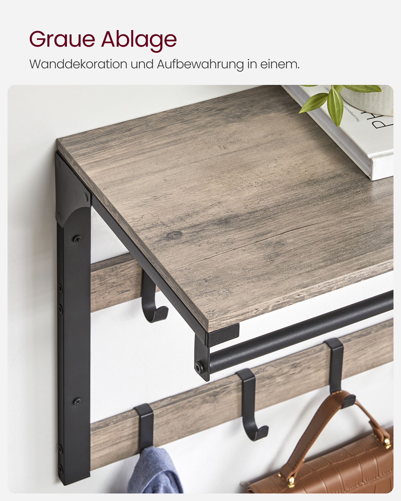 Sienas drēbju pakaramais ar plauktu un stieni, 10 noņemami āķi, 30 x 65 x 42 cm, pelēkmelns - Image 8