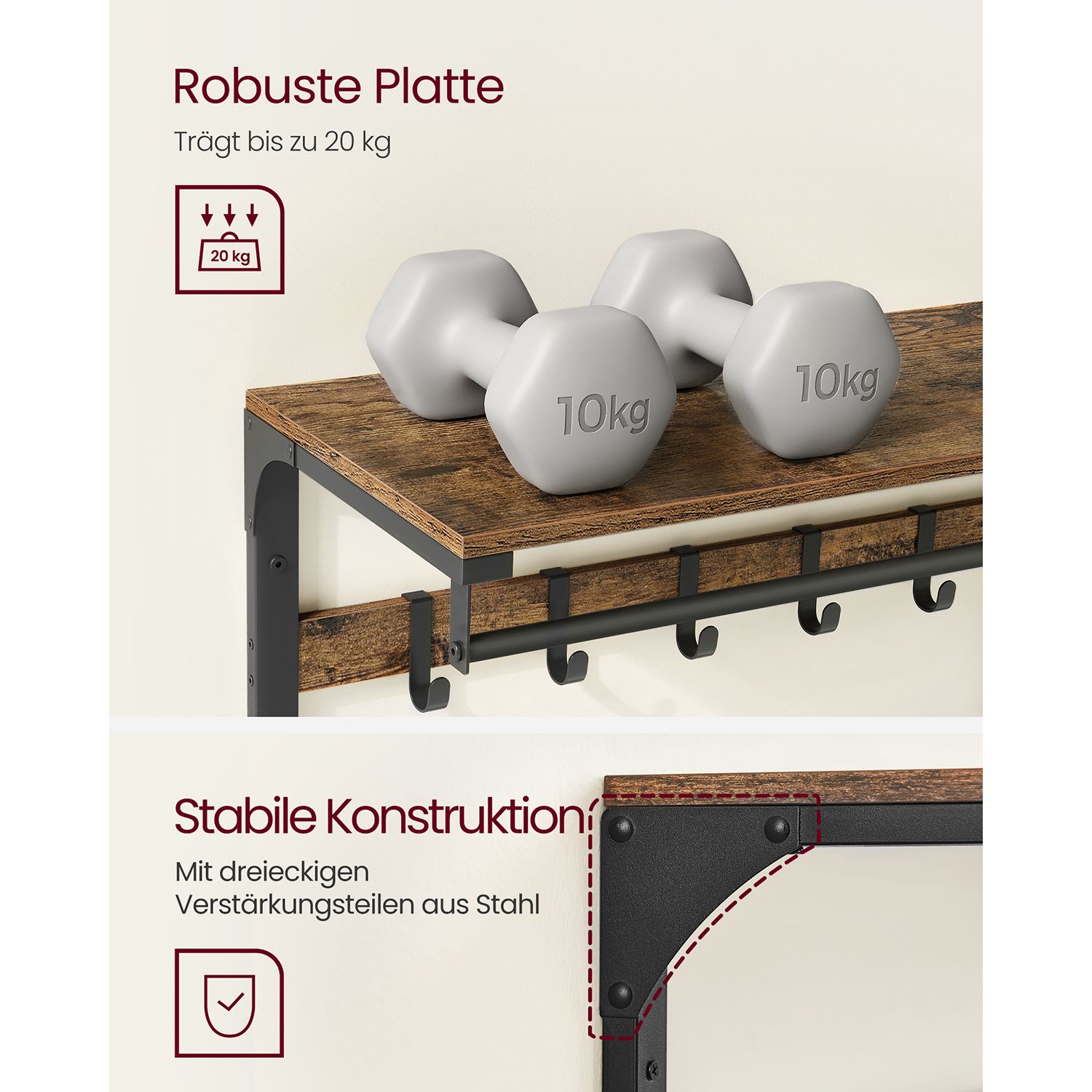 Sieninė kabykla su lentyna ir 10 nuimamų kabliukų, 30 x 80 x 42 cm, ruda-juoda - Image 3