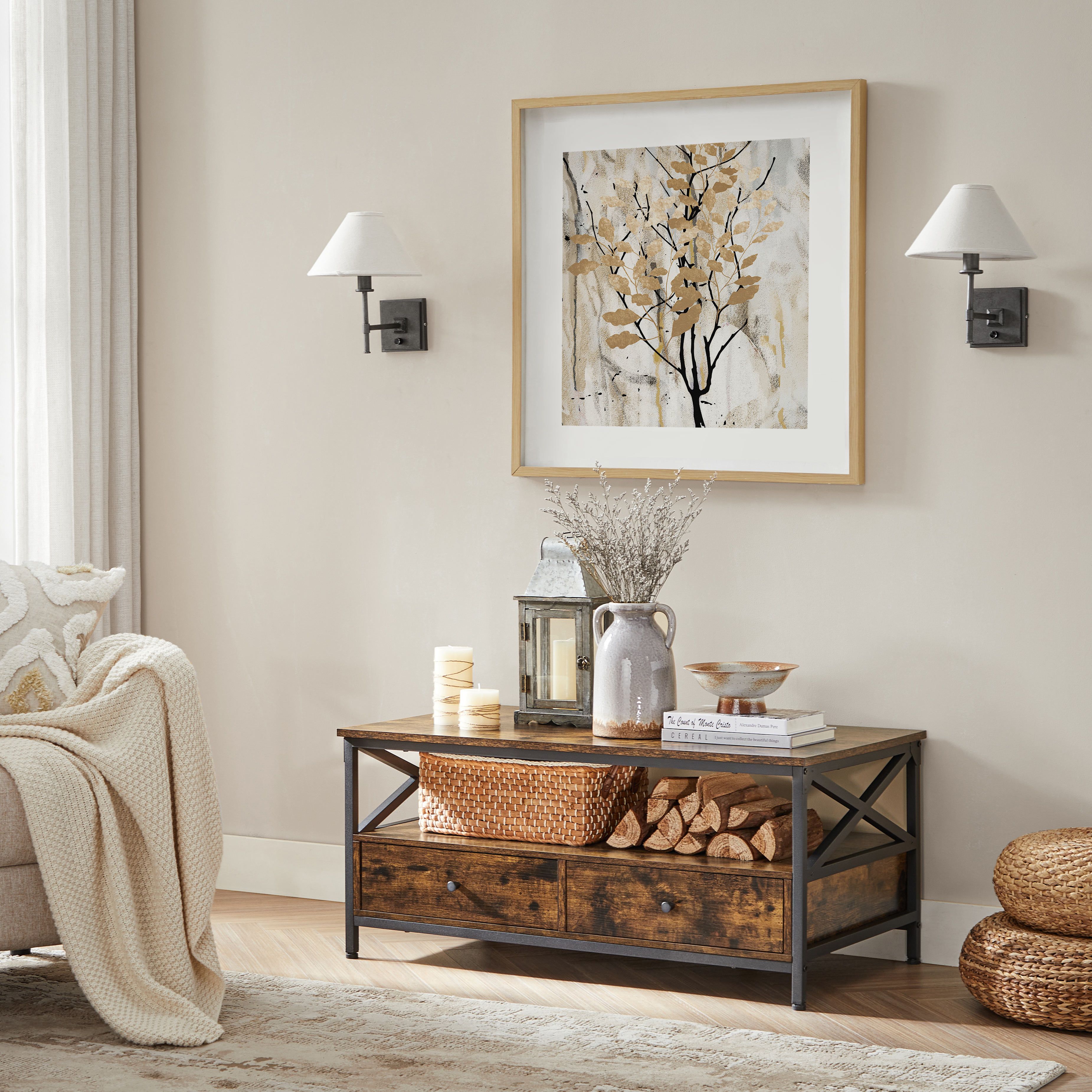 Kafijas galds ar atvilktnēm, 100 x 55 x 45 cm, kokskaidu plātne un tērauds, brūns-melns - Image 3