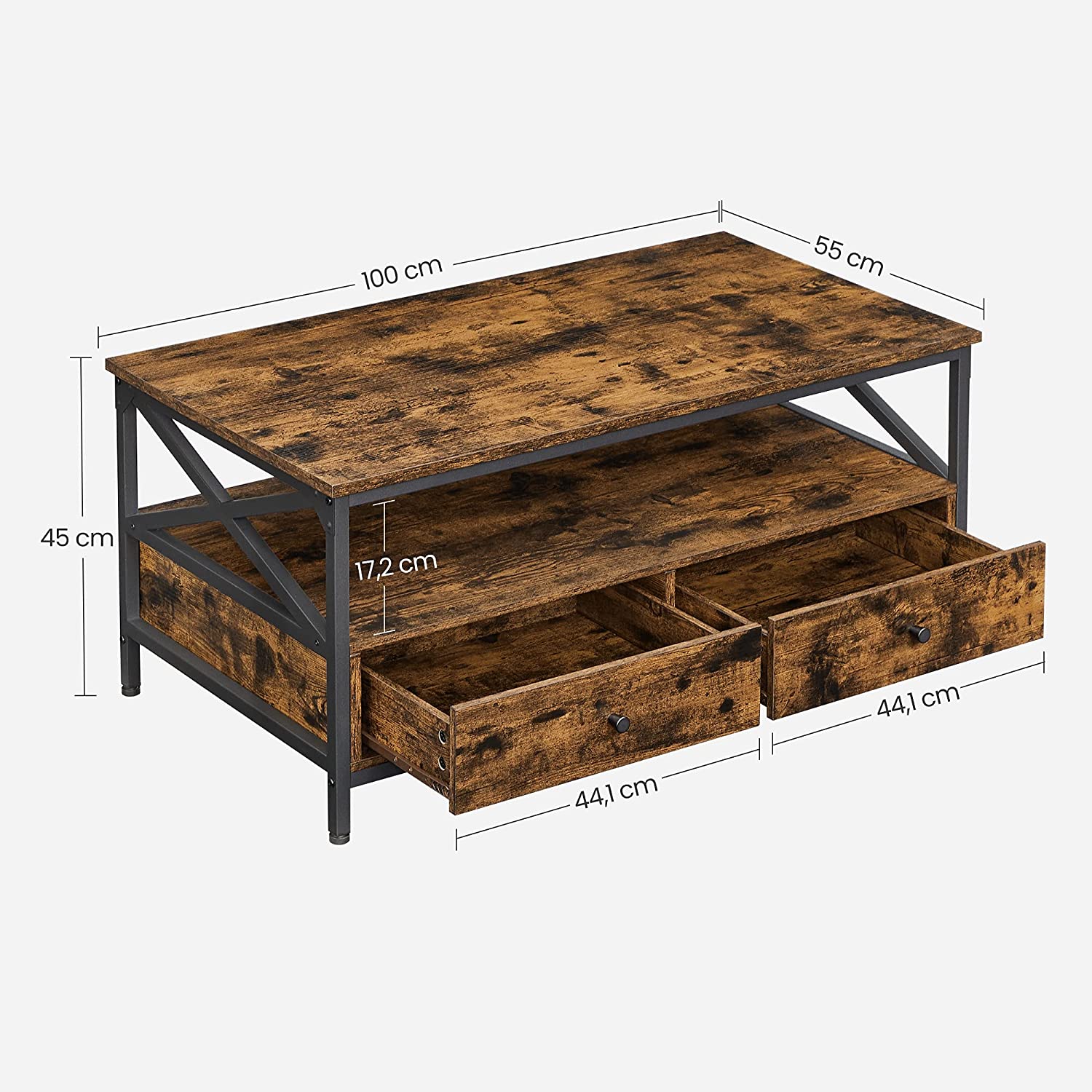 Kafijas galds ar atvilktnēm, 100 x 55 x 45 cm, kokskaidu plātne un tērauds, brūns-melns - Image 6