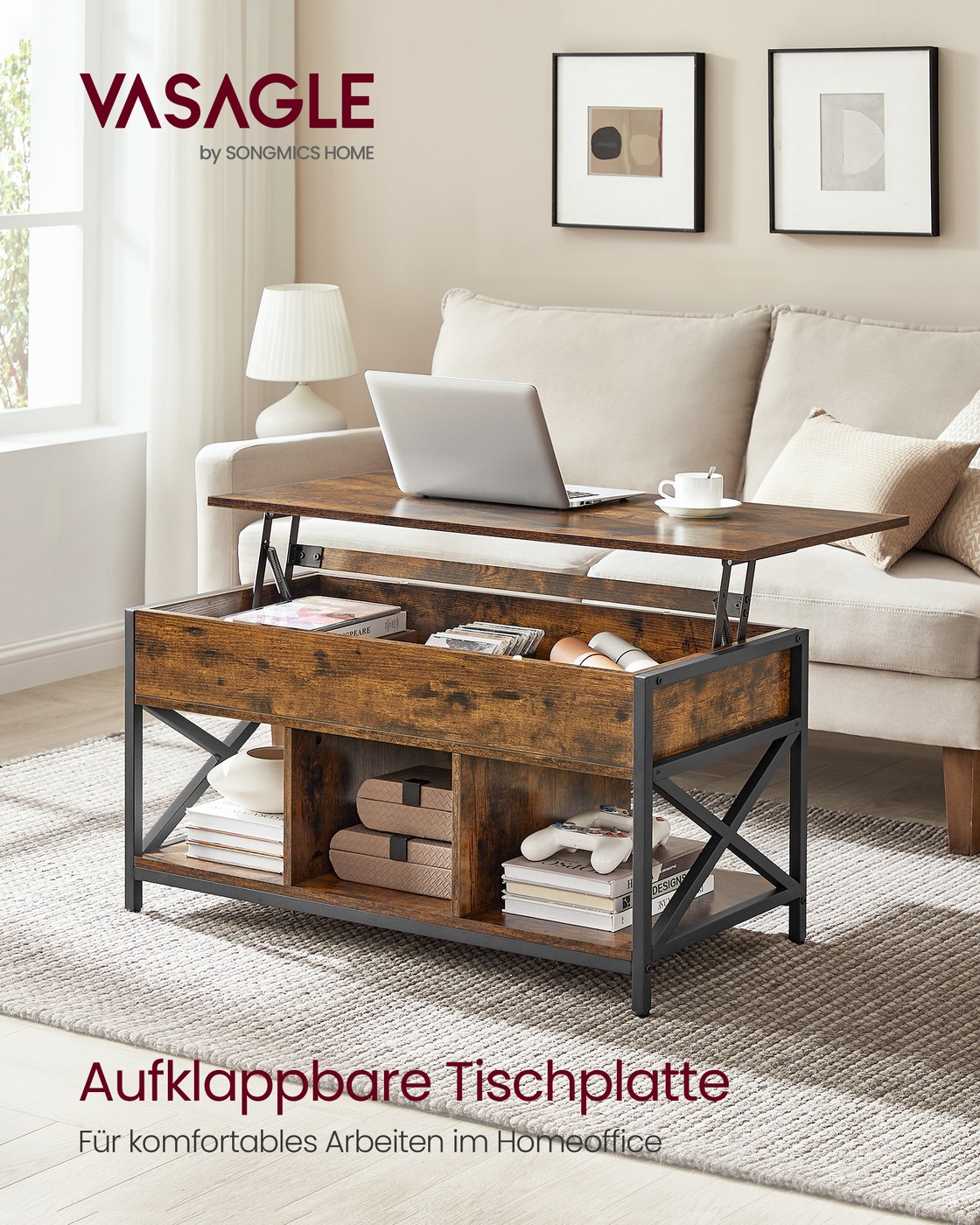 Kafijas galdiņš ar paceļamu virsmu un atvērtiem nodalījumiem, 50 x 100 x 46,5-62 cm, brūns-melns - Image 2