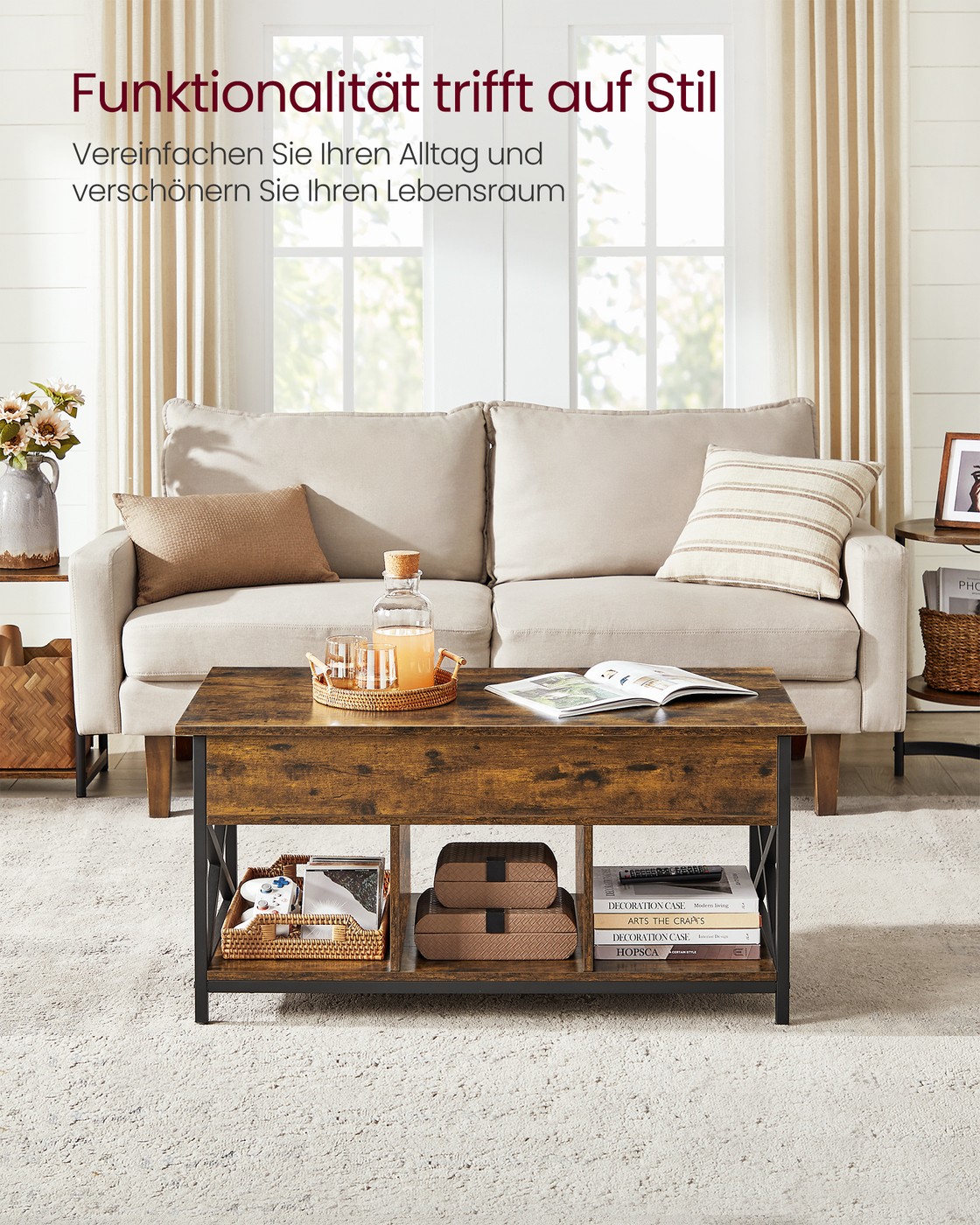 Kafijas galdiņš ar paceļamu virsmu un atvērtiem nodalījumiem, 50 x 100 x 46,5-62 cm, brūns-melns - Image 3