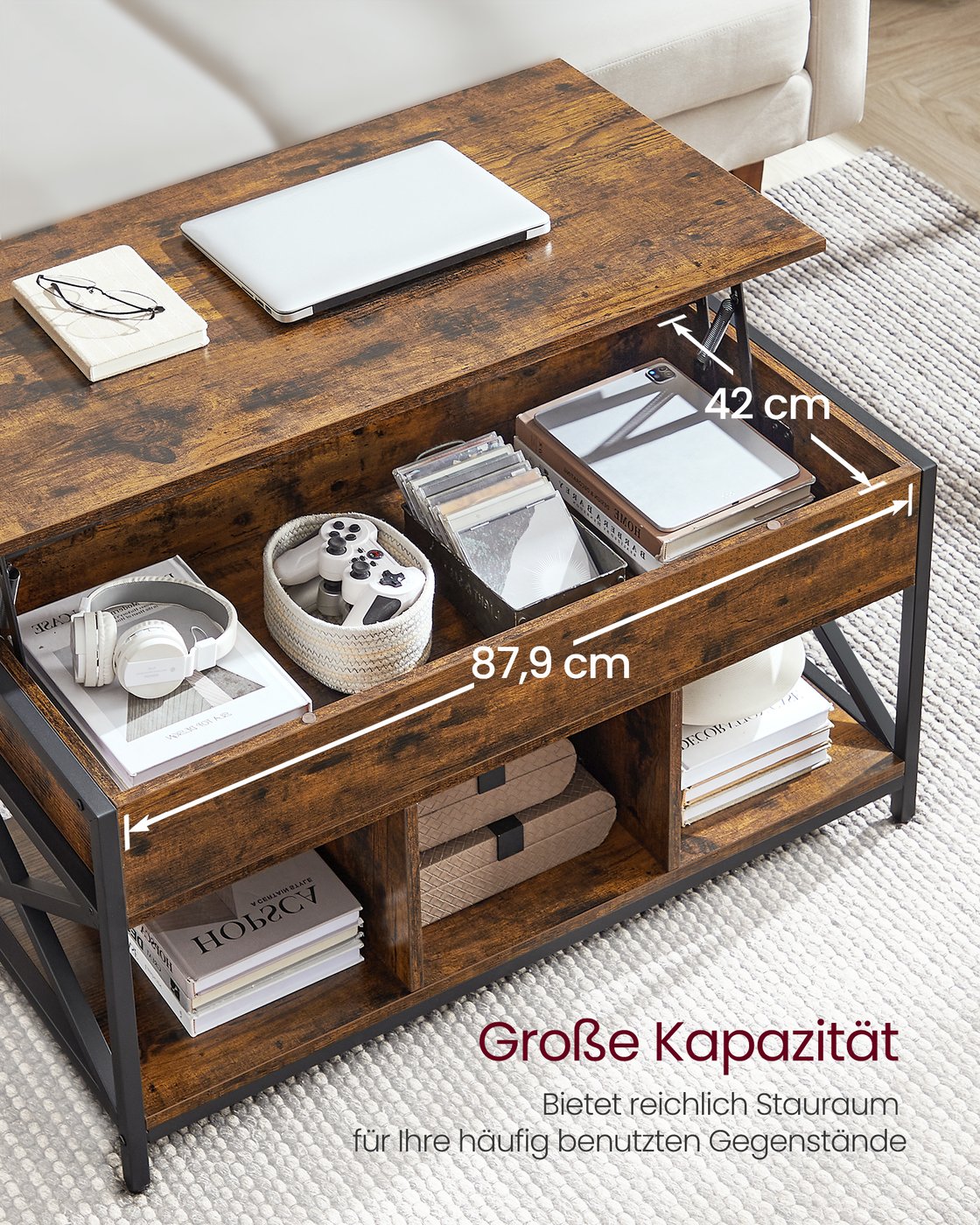 Kafijas galdiņš ar paceļamu virsmu un atvērtiem nodalījumiem, 50 x 100 x 46,5-62 cm, brūns-melns - Image 4