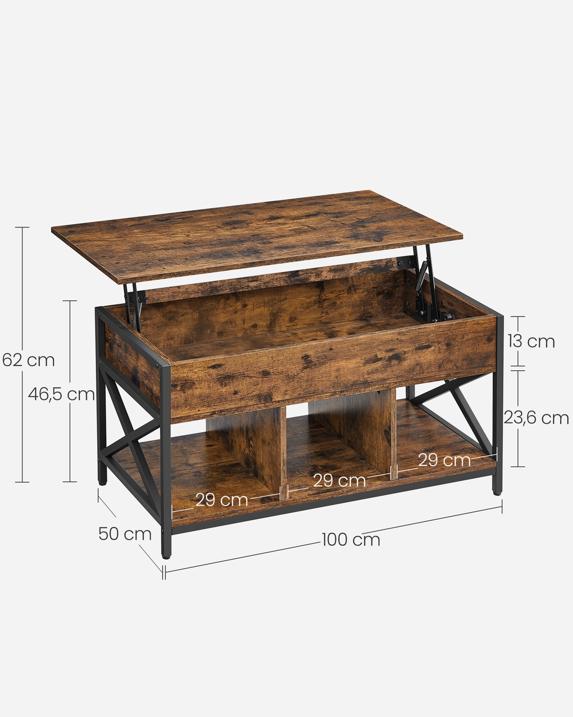 Kafijas galdiņš ar paceļamu virsmu un atvērtiem nodalījumiem, 50 x 100 x 46,5-62 cm, brūns-melns - Image 7