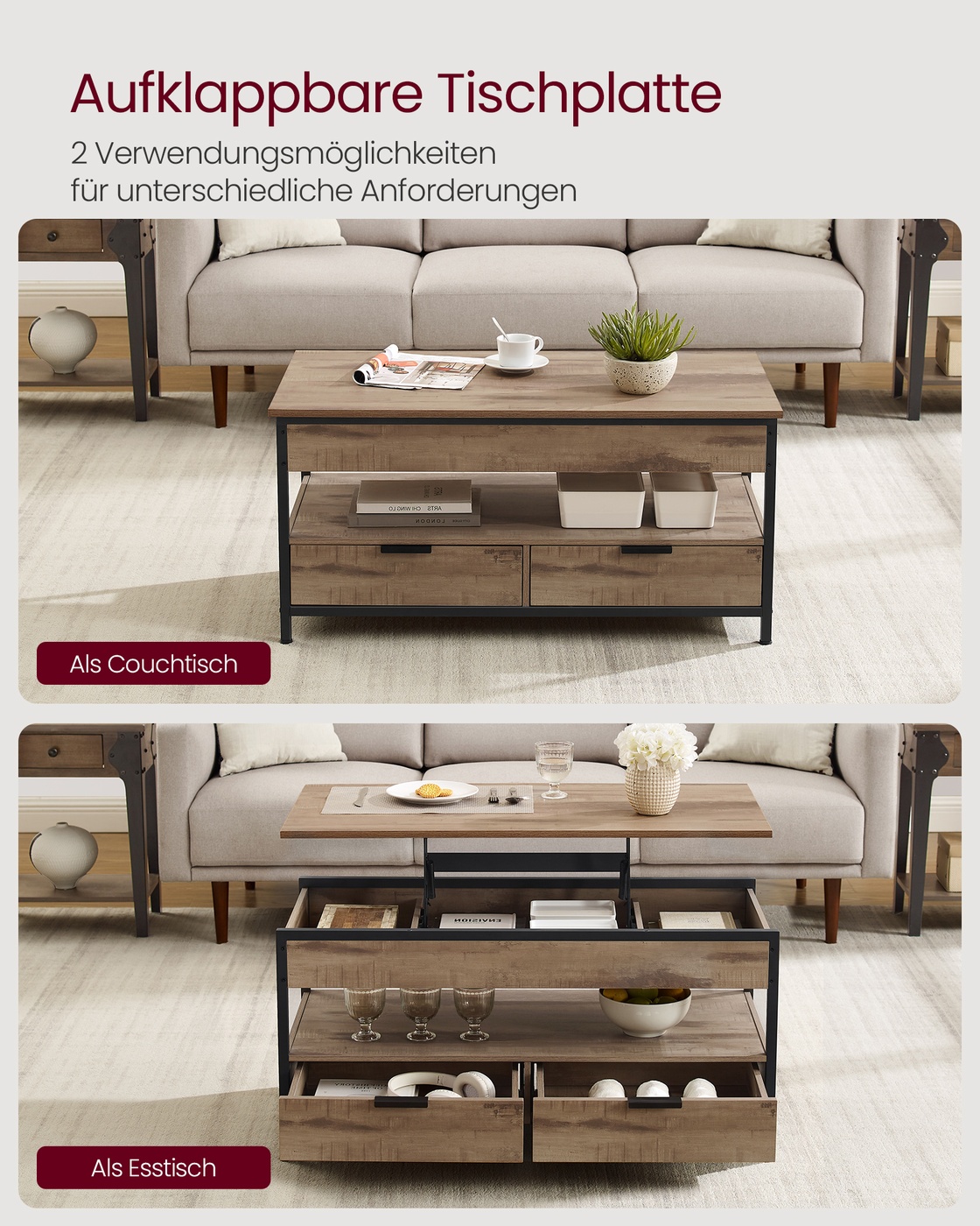 Kafijas galdiņš ar atvilktnēm un atvērtu nodalījumu, regulējams augstums, 50 x 100 cm - Image 3