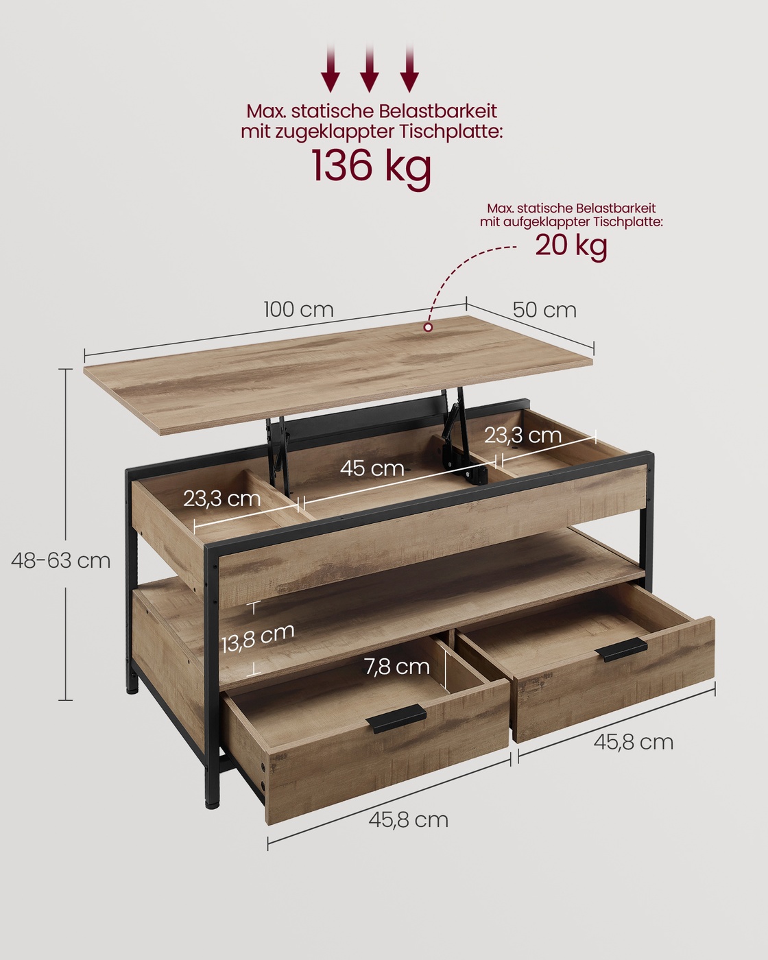 Kafijas galdiņš ar atvilktnēm un atvērtu nodalījumu, regulējams augstums, 50 x 100 cm - Image 5