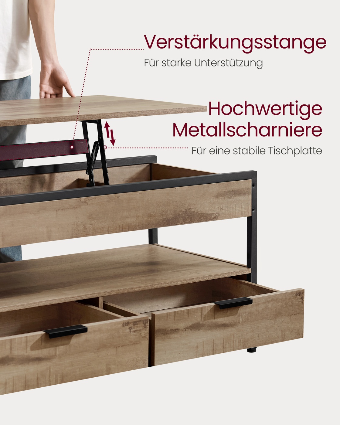 Kafijas galdiņš ar atvilktnēm un atvērtu nodalījumu, regulējams augstums, 50 x 100 cm - Image 6