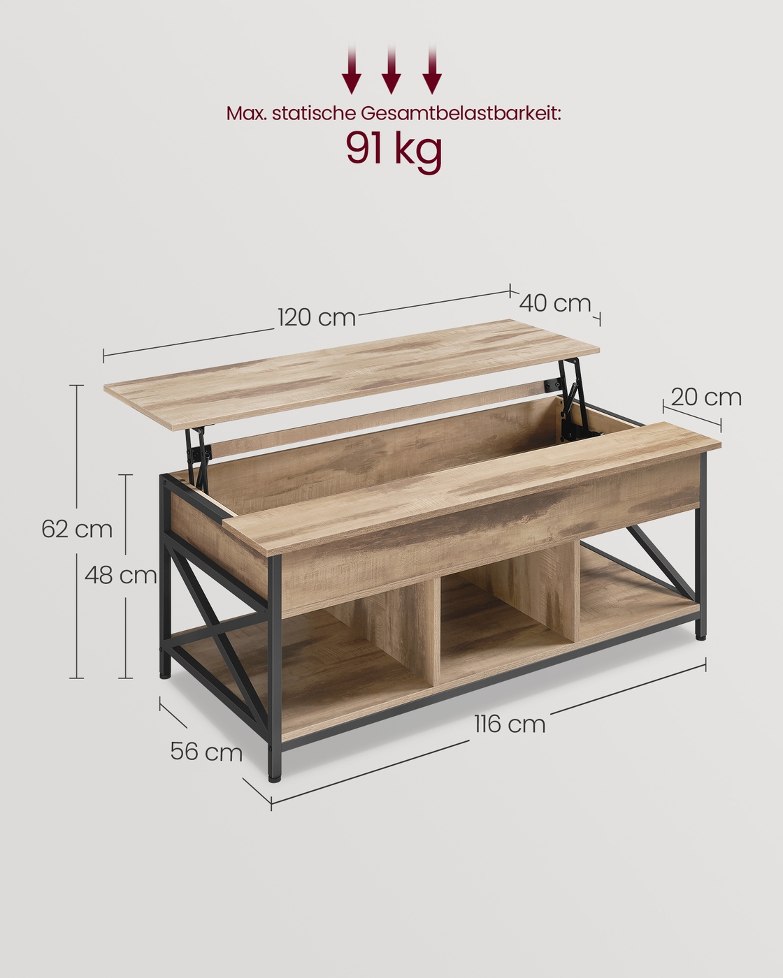 Kafijas galdiņš ar atvērtu un slēptu glabāšanas vietu, 60 x 120 x (48–62) cm, brūns-melns - Image 5