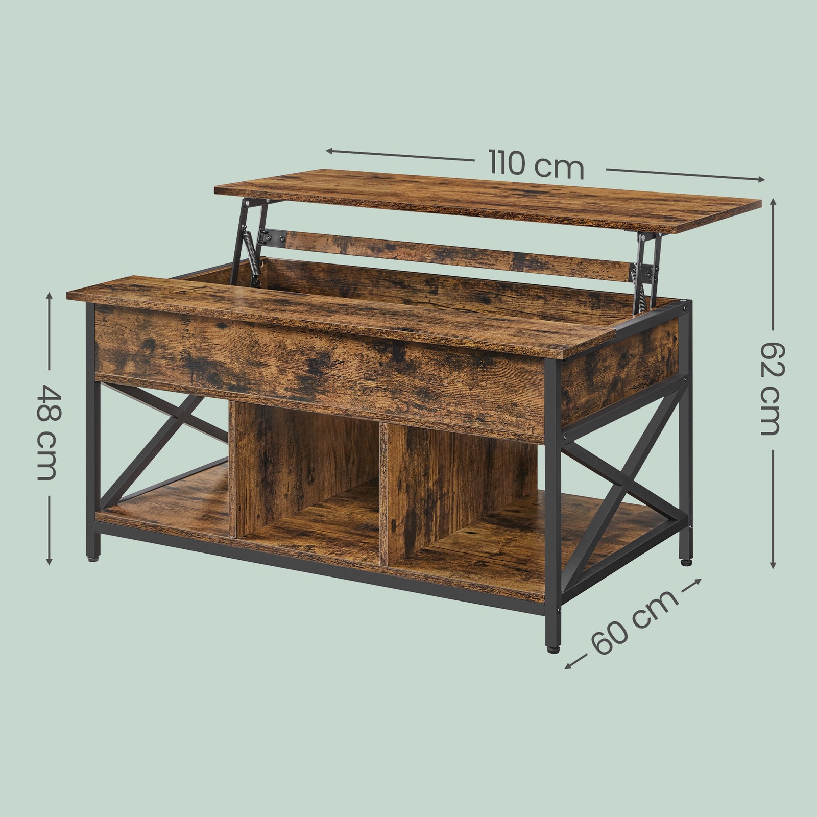 Kavos staliukas su reguliuojamu stalviršiu, ruda-juoda, 60 x 100 x 48-62 cm - Image 3