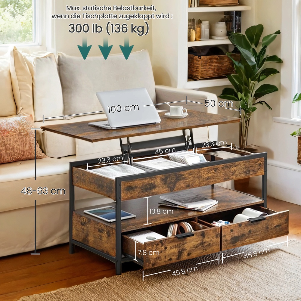 Kavos staliukas svetainei su pakeliamu stalviršiu, 100 x 50 cm, ruda/juoda - Image 2