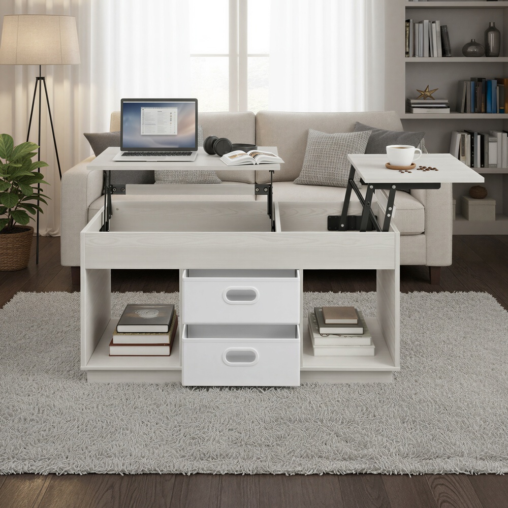 Sohvapöytä nostettavalla kannella, 100 x 50 x 48,5/62 cm, 2 laatikkoa, beige - Image 2