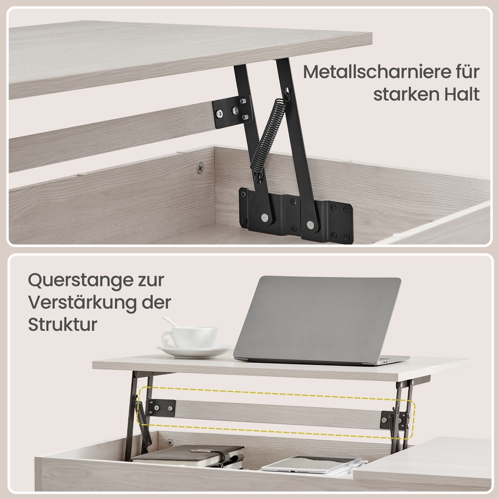 Sohvapöytä nostettavalla kannella, 100 x 50 x 48,5/62 cm, 2 laatikkoa, beige - Image 3