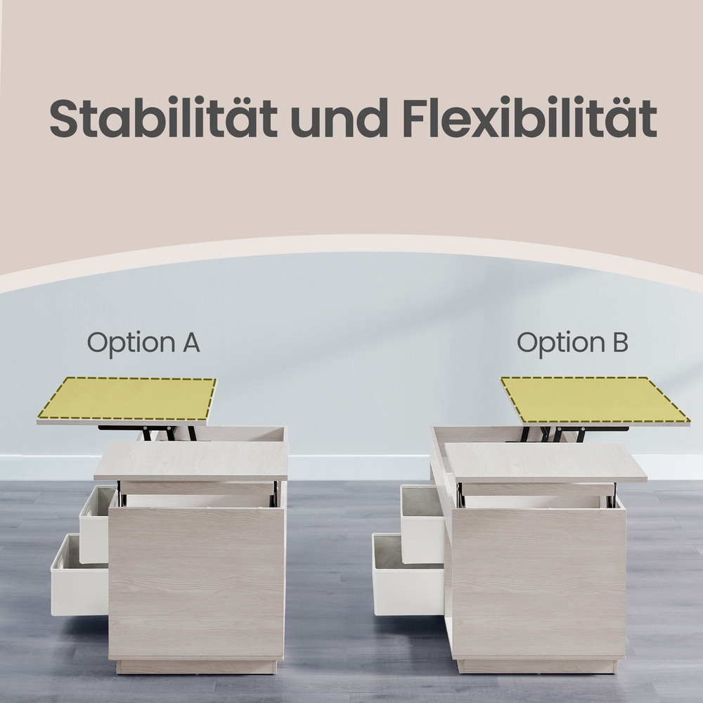 Sohvapöytä nostettavalla kannella, 100 x 50 x 48,5/62 cm, 2 laatikkoa, beige - Image 8