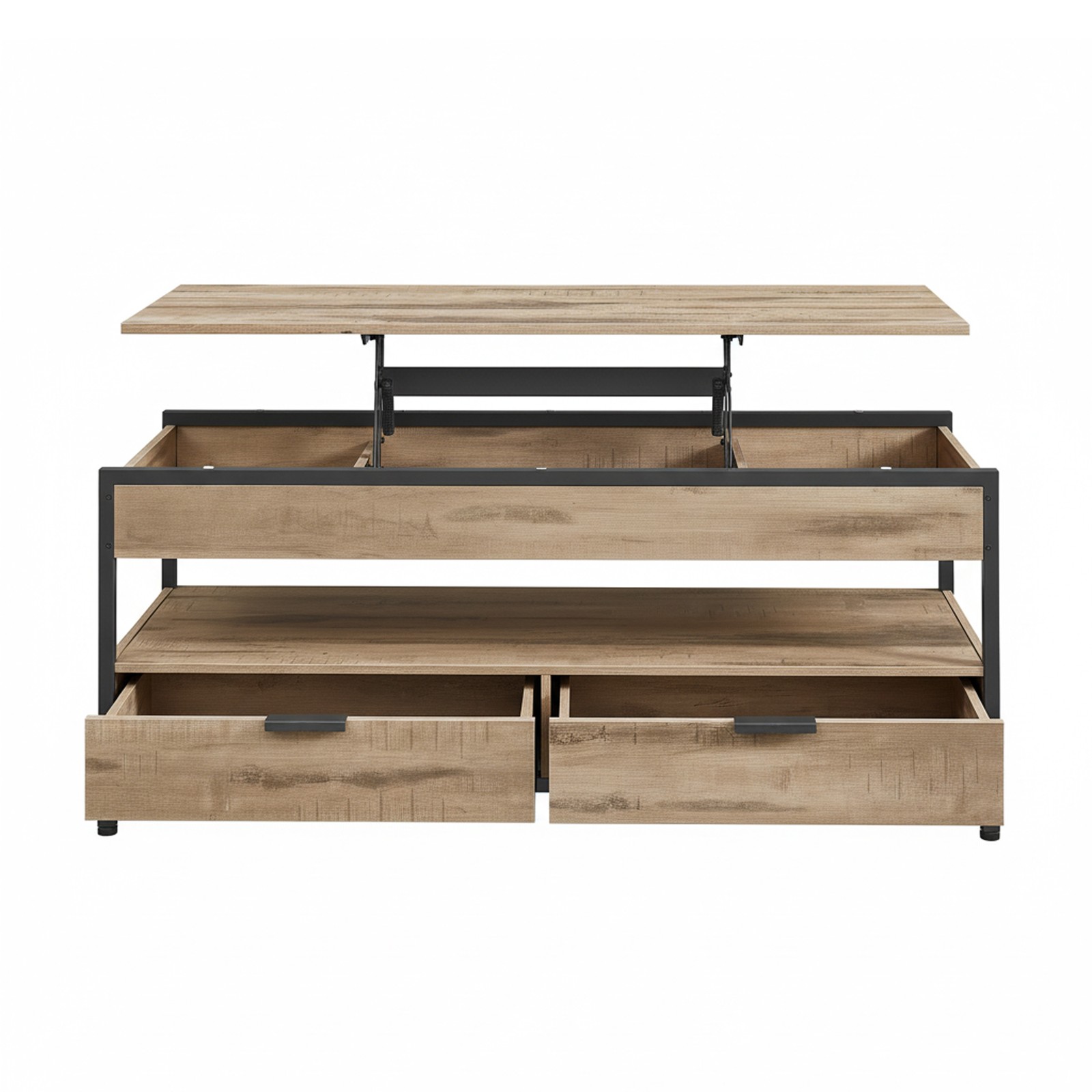 Reguliuojamo aukščio kavos staliukas su stalčiais, 50 x 120 x 48-63 cm, rudas-juodas