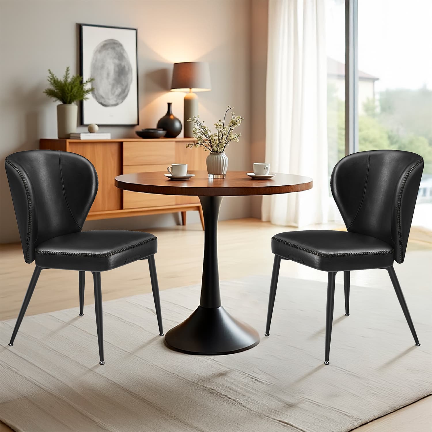 Söögitoolid, 2 tk, kunstnahast, mustad, Mid-Century-Modern stiilis