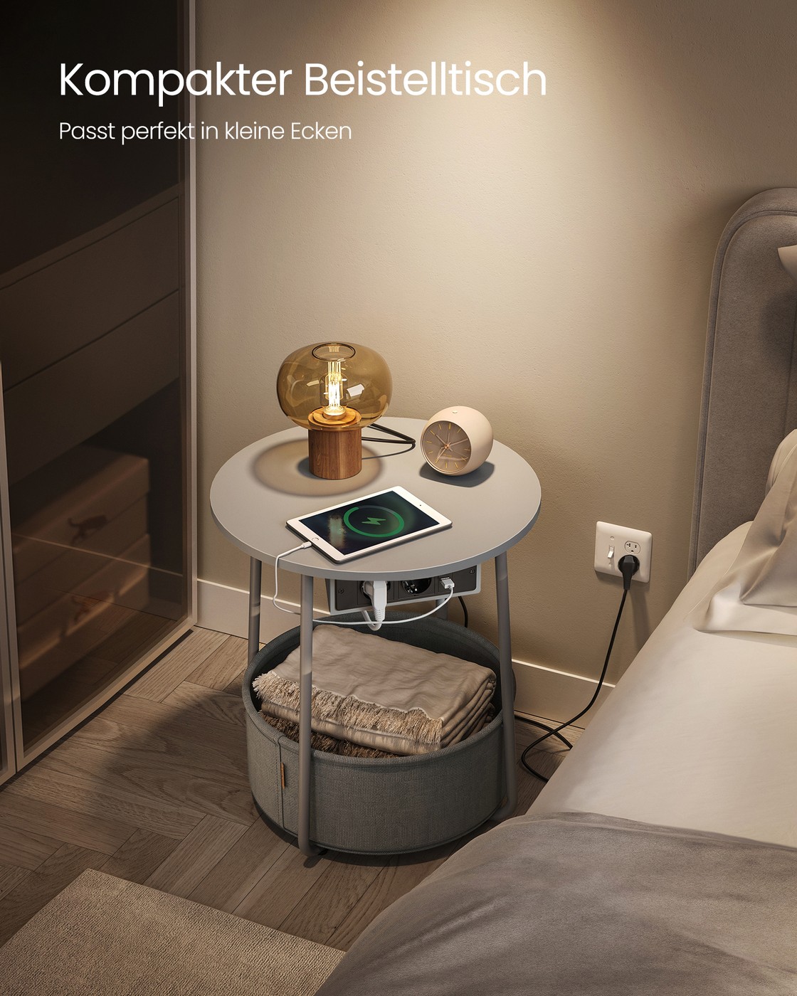 Pyöreä sivupöytä kangaskorilla, 45 x 50 cm, musta harmaa - Image 3