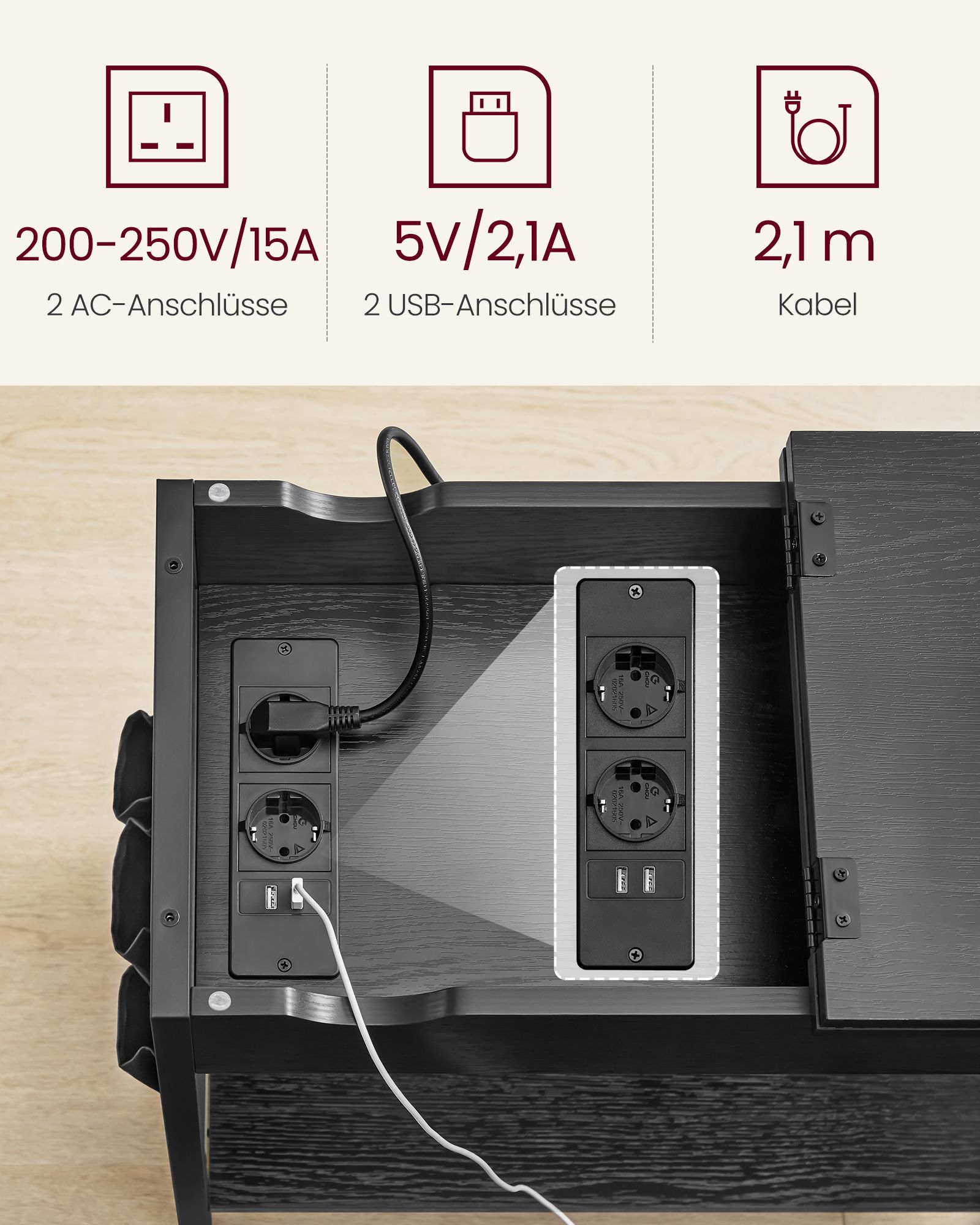 Šoninis staliukas su lizdais ir USB jungtimis, juodas su medžio raštu, 60 x 31,5 x 60 cm - Image 4
