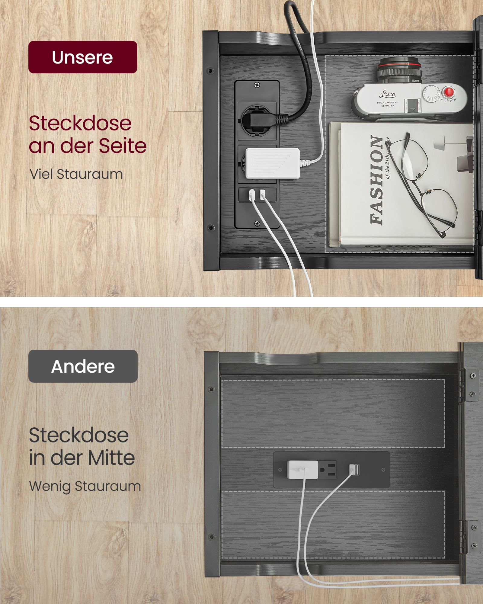 Šoninis staliukas su lizdais ir USB jungtimis, juodas su medžio raštu, 60 x 31,5 x 60 cm - Image 7