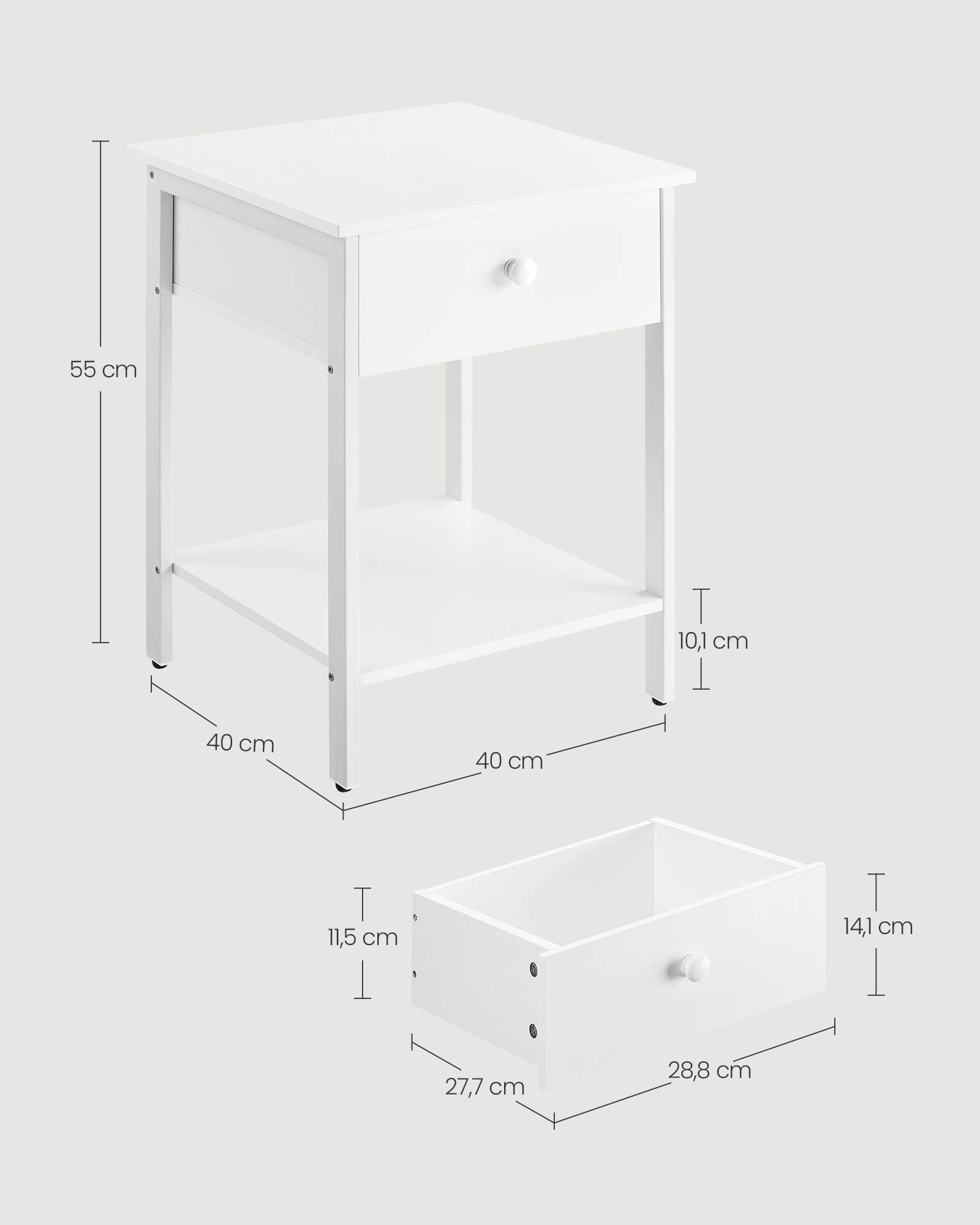 2 külglaua komplekt sahtli ja riiuliga, mattvalge, 40 x 40 x 55 cm - Image 5