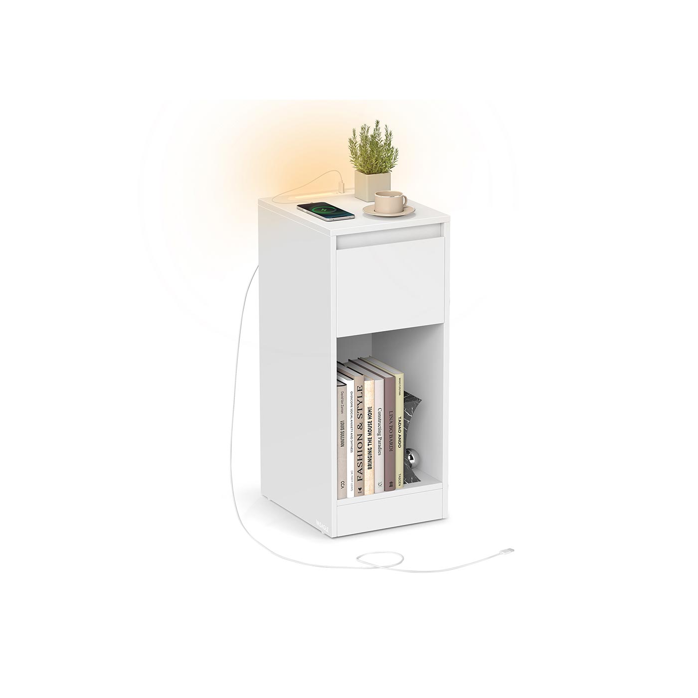 Öökapp LED-valgustuse, USB-portide ja sahtliga, 30 x 25 x 59,5 cm, valge