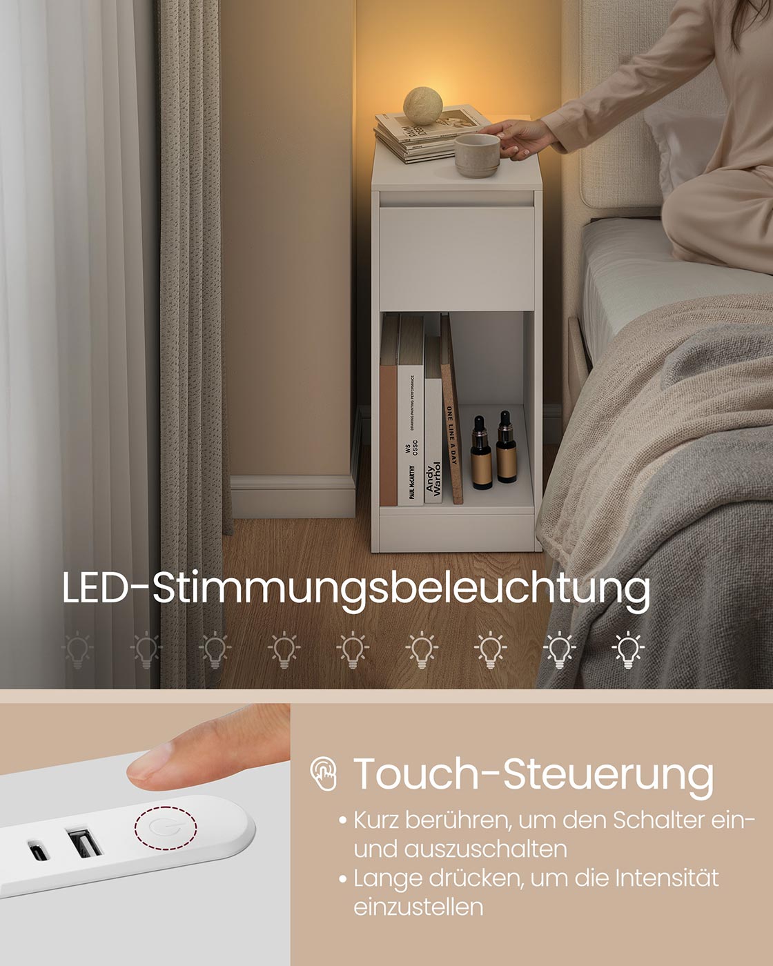 Naktsskapītis ar LED apgaismojumu, USB pieslēgvietām un atvilktni, 30 x 25 x 59,5 cm, balts - Image 4